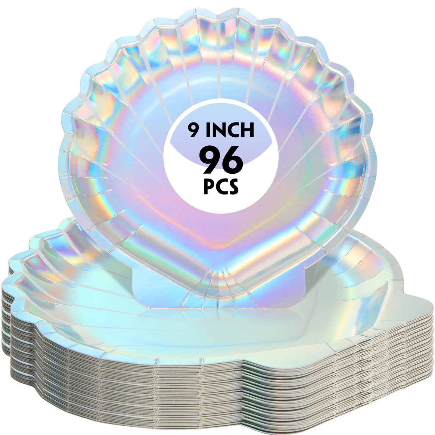 Zopeal 96 Pcs Mermaid Paper Plates Seashell Plates Party Supplies 9 Inch Disposable Iridescent Holographic for Girl Kids Birthday Party Decorations