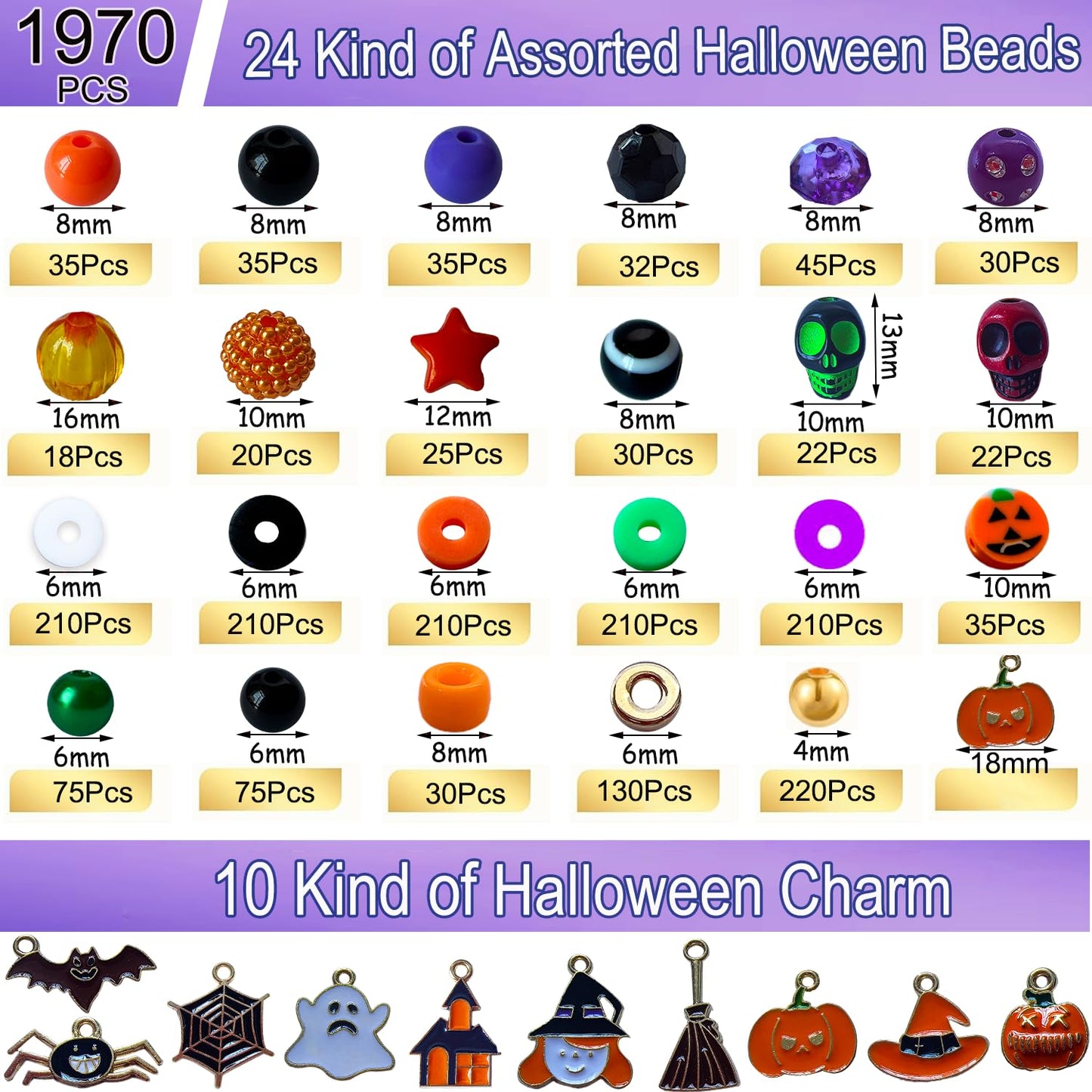1970Pcs Halloween Bracelet Kit, Halloween Beads for Bracelets Jewelry Making Orange Black White Purple Polymer Clay Beads Pumpkin Evil Eye Skull Bead with Ghost Spider Charms for DIY Craft Earring