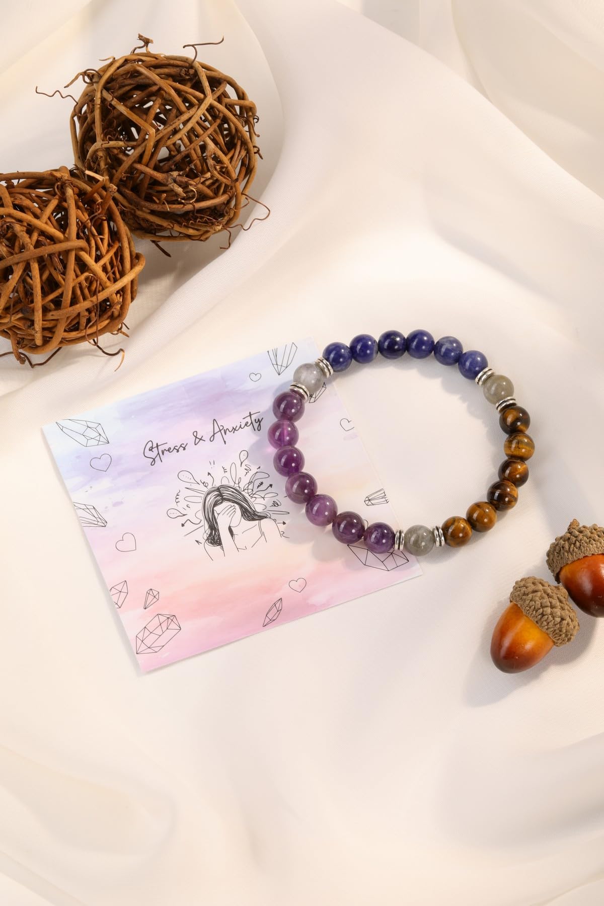 Jovivi Healing Crystal Beaded Bracelet for Women Anxierty Relief Natural Amethyst Sodalite Tiger Eye Yoga Beads Chakra Bracelet Handmade Triple Protection Good Luck Jewelry Gift