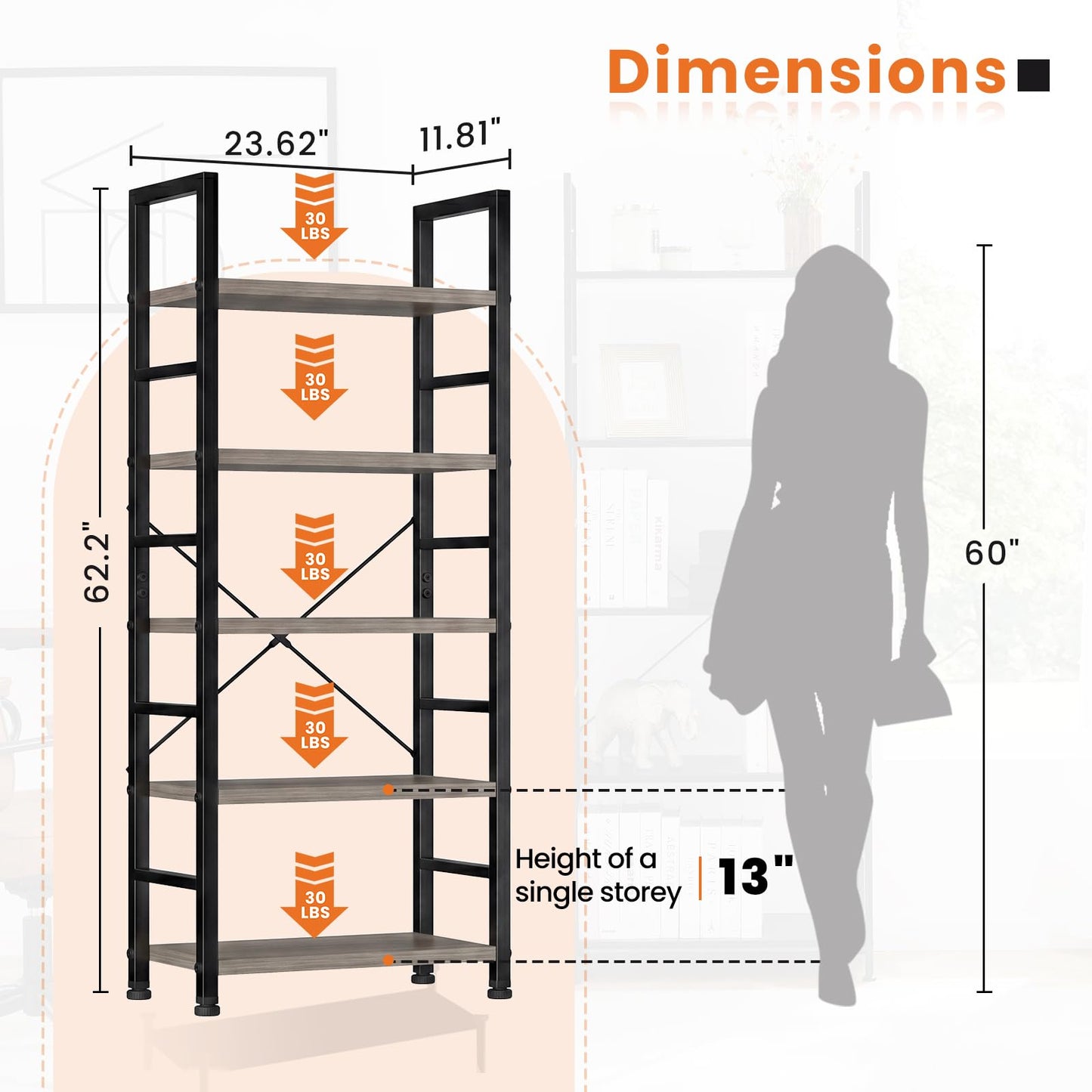 Sweetcrispy Book Shelf, 5 Tier Bookcase, Modern Tall Bookshelf for Garage Kit, CDs, Movies, Industrial Corner Storage Organizer for Bedroom Home Office Kitchen Living Room, Wood Grey