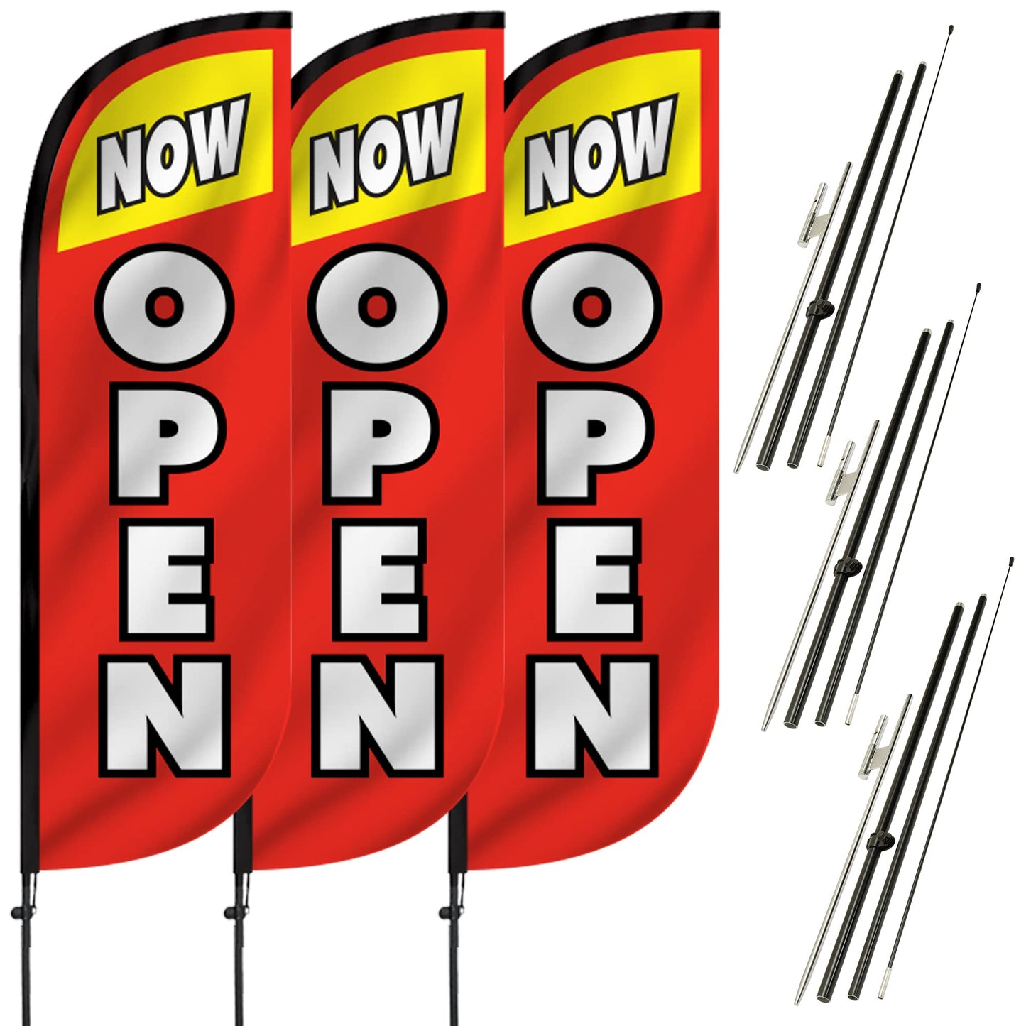 LookOurWay Feather Flag Pole Kit 3-Pack Bundle - 7ft Tall Grand Opening Advertising Banners with Poles and Ground Spikes - Now Open Red & Yellow