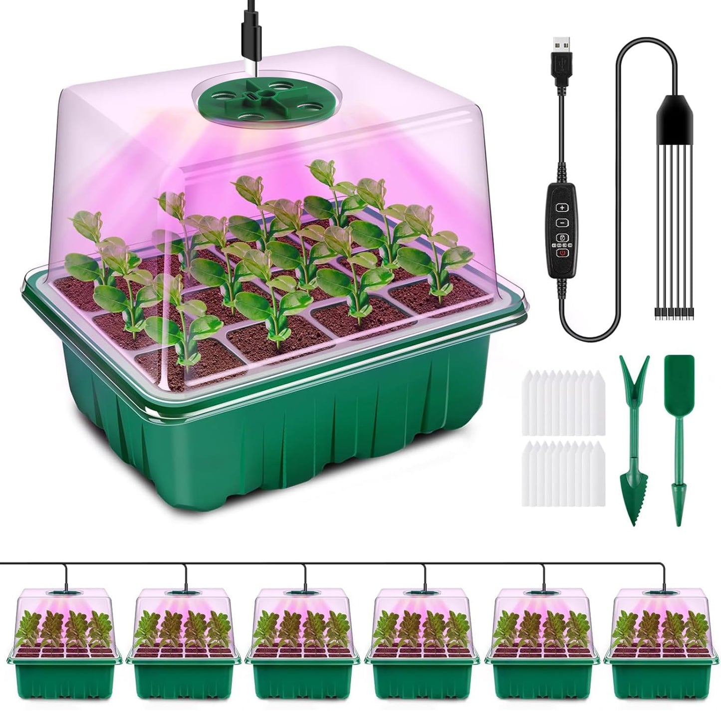 YAUNGEL Seed Starter Tray with Grow Light, 6 Pack Seed Starter Kit with Timing Controller Adjustable Brightness, Thicken Seedling Starter Trays with Humidity Domes Heightened Lids, Gift Box