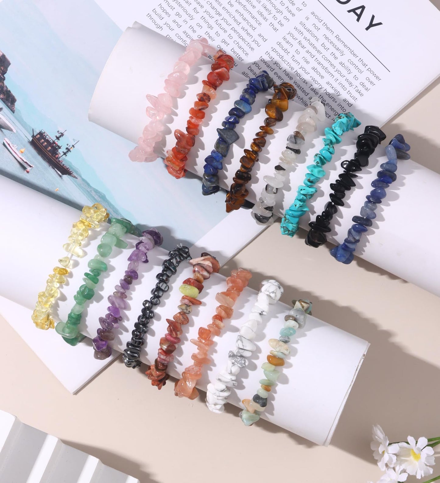 CASDAN 16Pcs Natural Gemstone Bracelets for Women Chakra Crystals Irregular Chips Beads Stretch Bracelets Bulk Colorful Natural Stone Gravel Spiritual Beaded Bracelet Jewelry