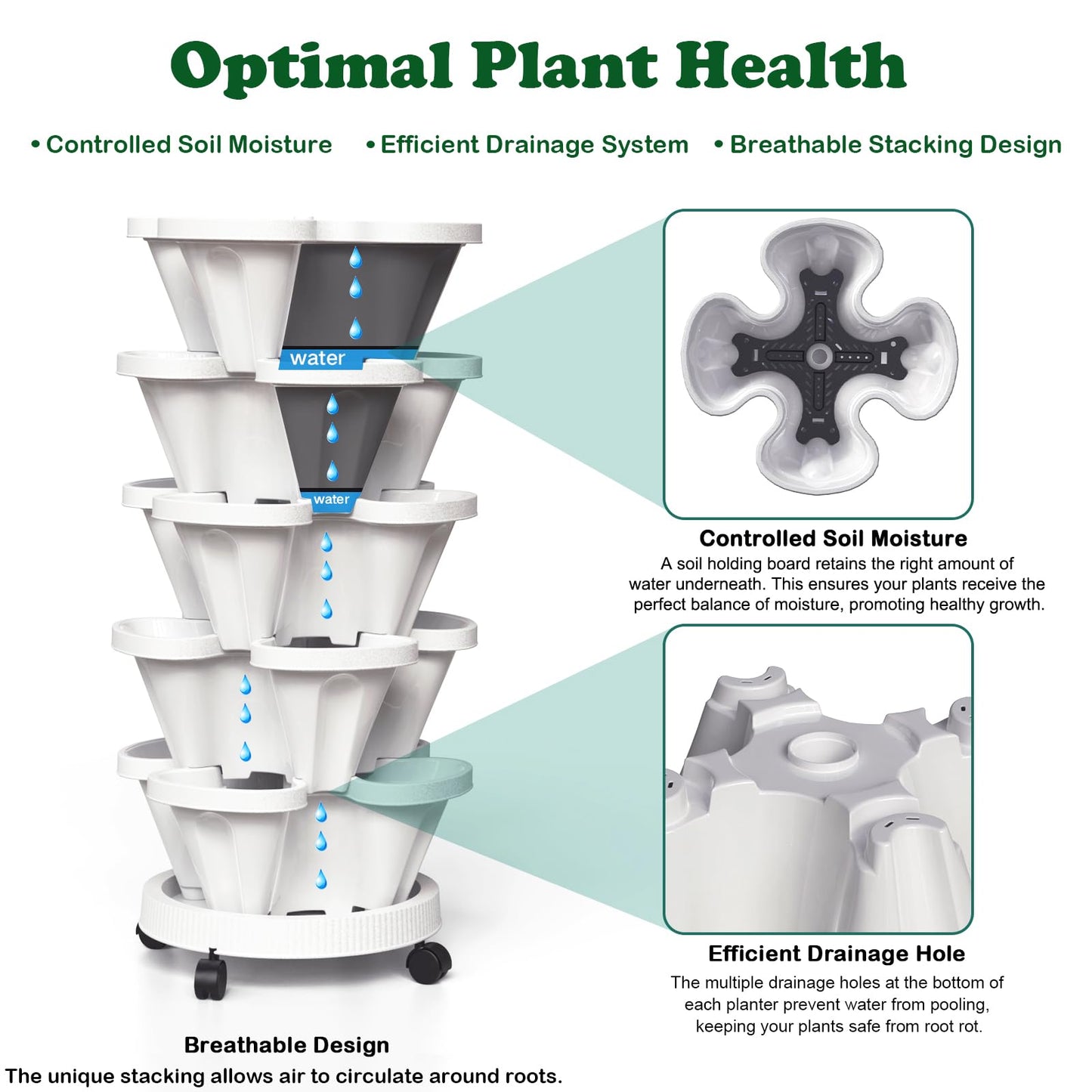 Lykvrii 7 Tiered Strawberry Planters 2 Pack, Vertical Stackable Planter, Herb Stacking Tower Garden, Flower and Vegetable Planters with Support Pole Indoor & Outdoor with Removable Wheels - White