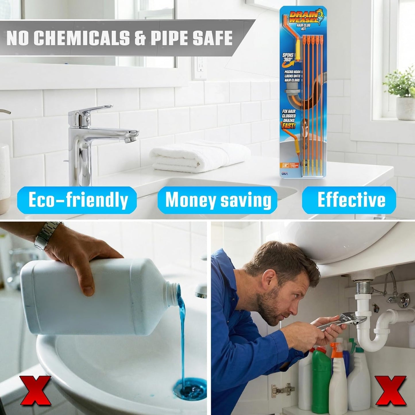 Flexisnake Drain Weasel Hair Clog Remover Kit – Plumbing Snake Auger for Cleaning Shower, Bath Tub, Bathroom Drains with Rotating Handle and 5 Disposable Wands, Made in USA
