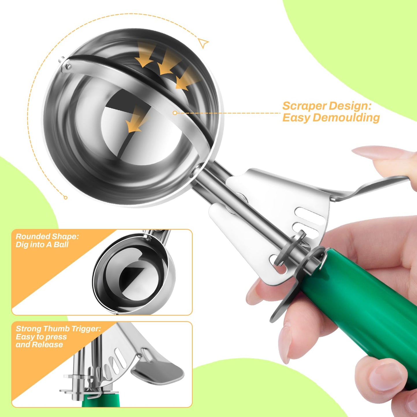 Ice Cream Scoop, Ice Cream Scooper Set Include Different Sizes, Heavy Duty Ice Cream Scoop with Trigger, Polishing Stainless Steel 18/8 Cookie Scoops for Baking, 3 Pcs of Ice Cream Sandwich Scoop