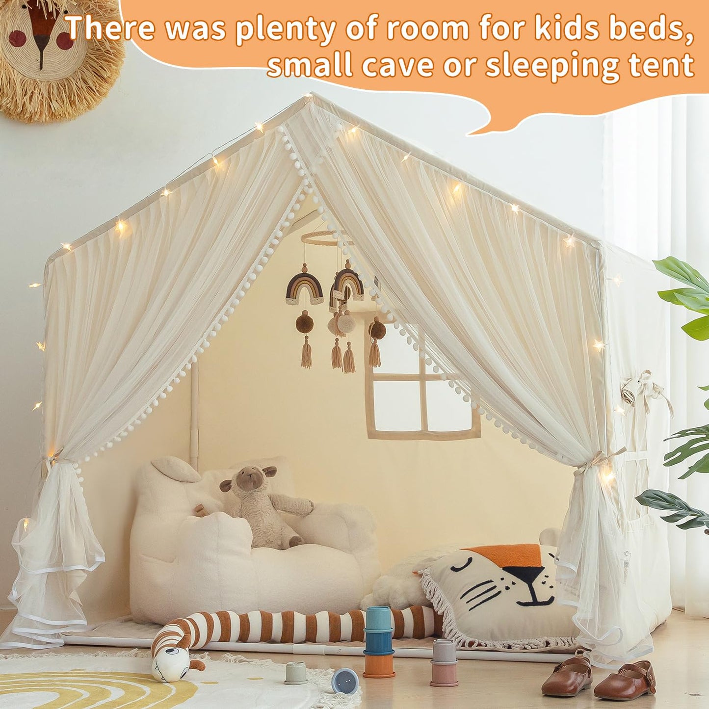 Kids Play Tent with Padded Mat, Kids Tents Indoor Playhouse for Toddler, Large Princess Castle Pompoms Play House Tent for Girl Bed Tents Toys for Boys Girl Birthday House Gift