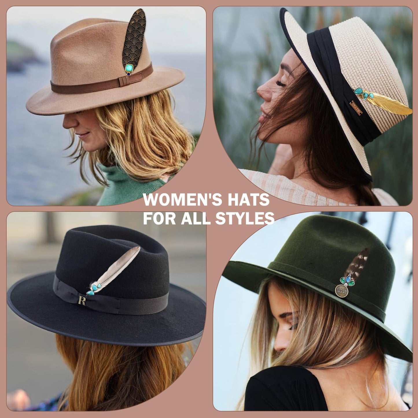 Hat Feathers for Cowboy Real Feathers with 3D Decoration for Women Men DIY Fedora and Western Hats, Christmas Party, Oktoberfest, Trilby Hats (4PCS)