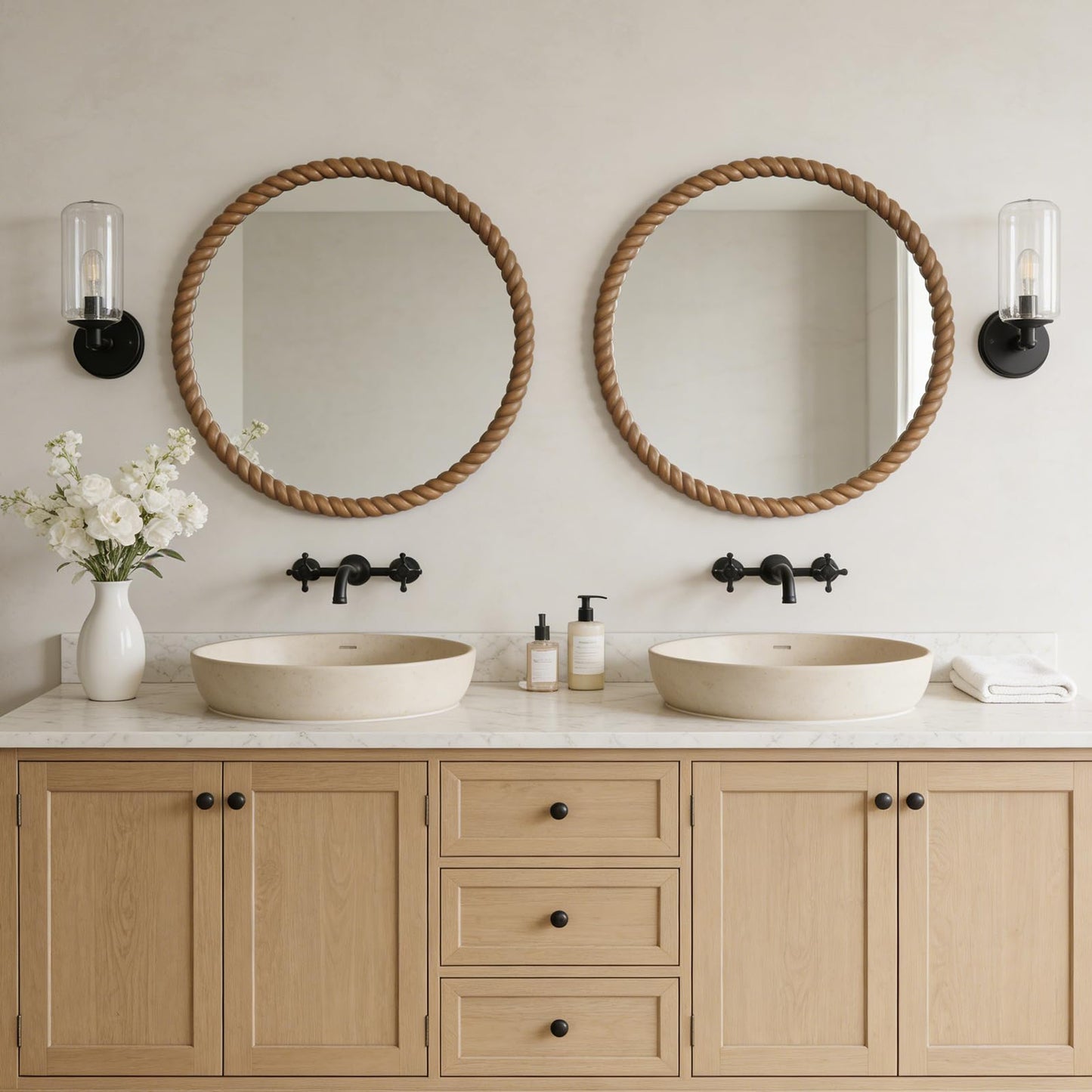 WallBeyond 30" Round Mirror with Rope-Design Frame, Large Circle Wall Mirror for Bathroom, Bedroom, Entryway & Living Room, Natural