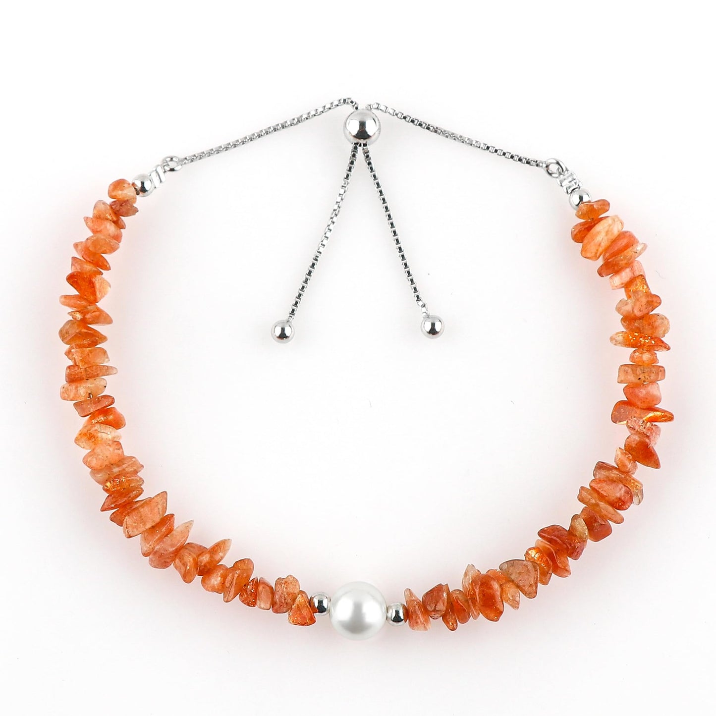 CRYSTALIS Natural Sunstone Beads Slider Bolo Bracelet with Elegant Pearl, Uncut Chips Nuggets Crystals, Chakra Healing Gemstone, Women Jewelry, 925 Sterling Silver Slider 10 inch
