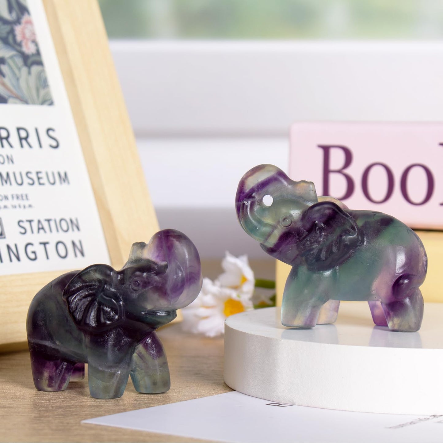 Hguxmcu 2 Inch Rainbow Fluorite Crystal Elephant Sculpture Handcrafted Healing Stone Animal Figurine Spiritual Home Decor Lucky Charm Gift for Wealth Success Positive Energy and Meditation Lovers