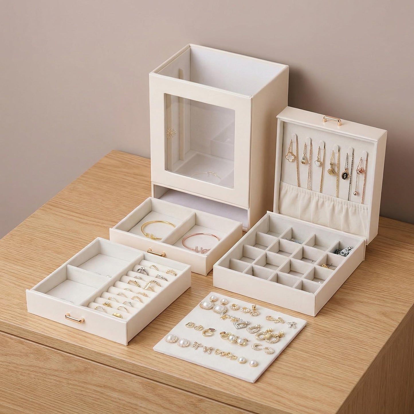 Vandozis 3-Tier Jewelry Organizer Box, Velvet Lining Jewelry Storage with Transparent Window, Multi-Compartment for Necklaces Earrings Rings, Gift for Women Girls, Vanity/Dresser Decor (White)