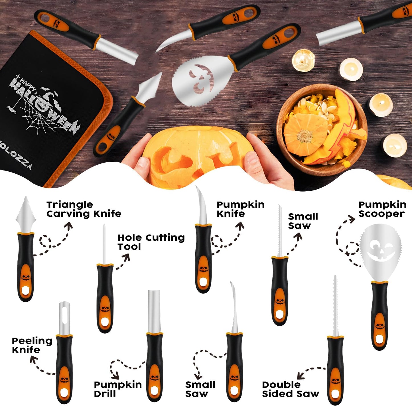 TAVOLOZZA Fine Arts Professional Pumpkin Carving Kit, 26 PCS Heavy Duty Stainless Steel Tools with 9 Knives, Saw & Scoop, Halloween Carving Set with Stencils for Adults & Kids to DIY Jack-o-Lanterns