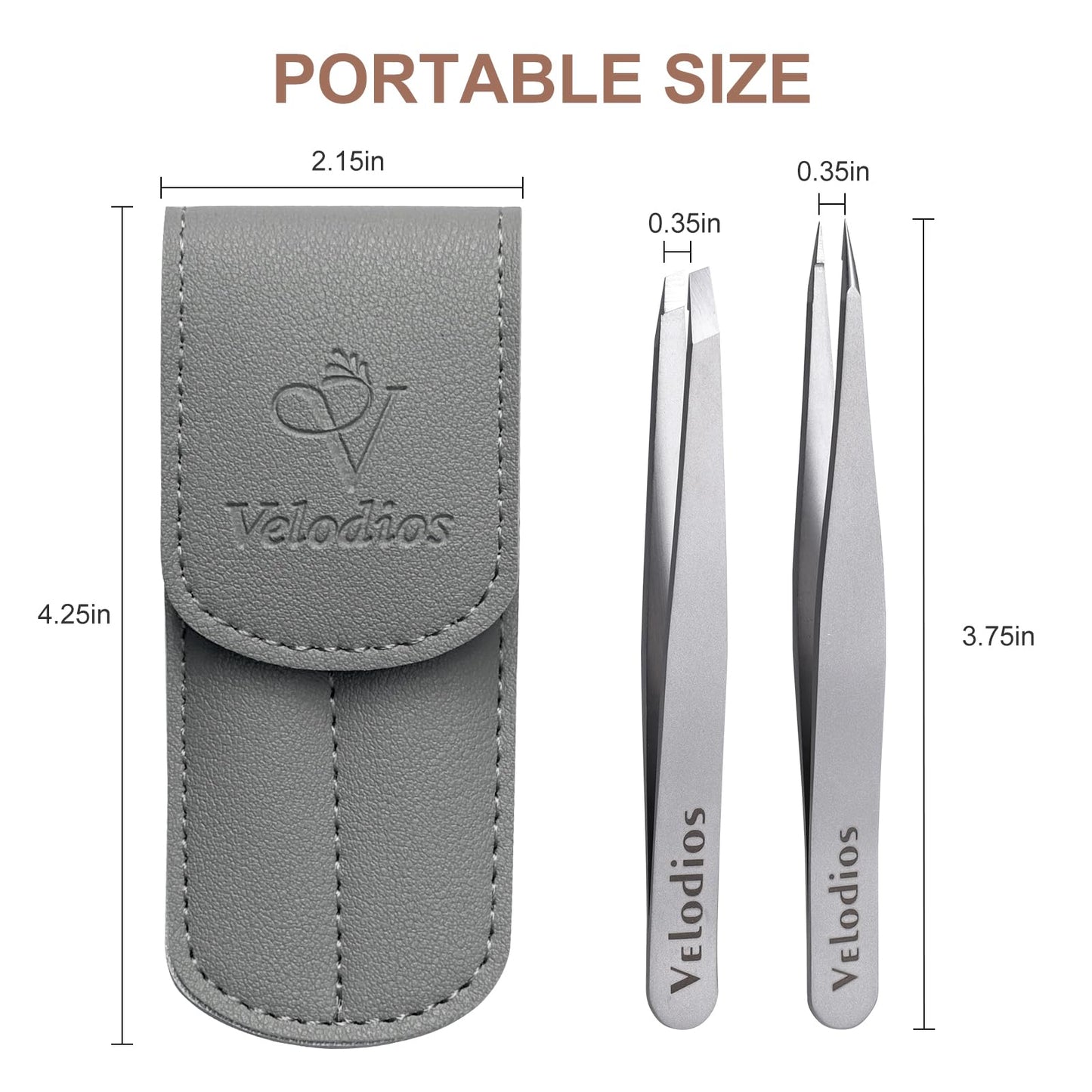 Velodios Tweezers for Eyebrows, Pointed Tweezers for Women Facial Hair, Ingrown Hair Removal, Slanted and Pointed Tip Tweezers Set with PU Travel Case, Premium Stainless Steel