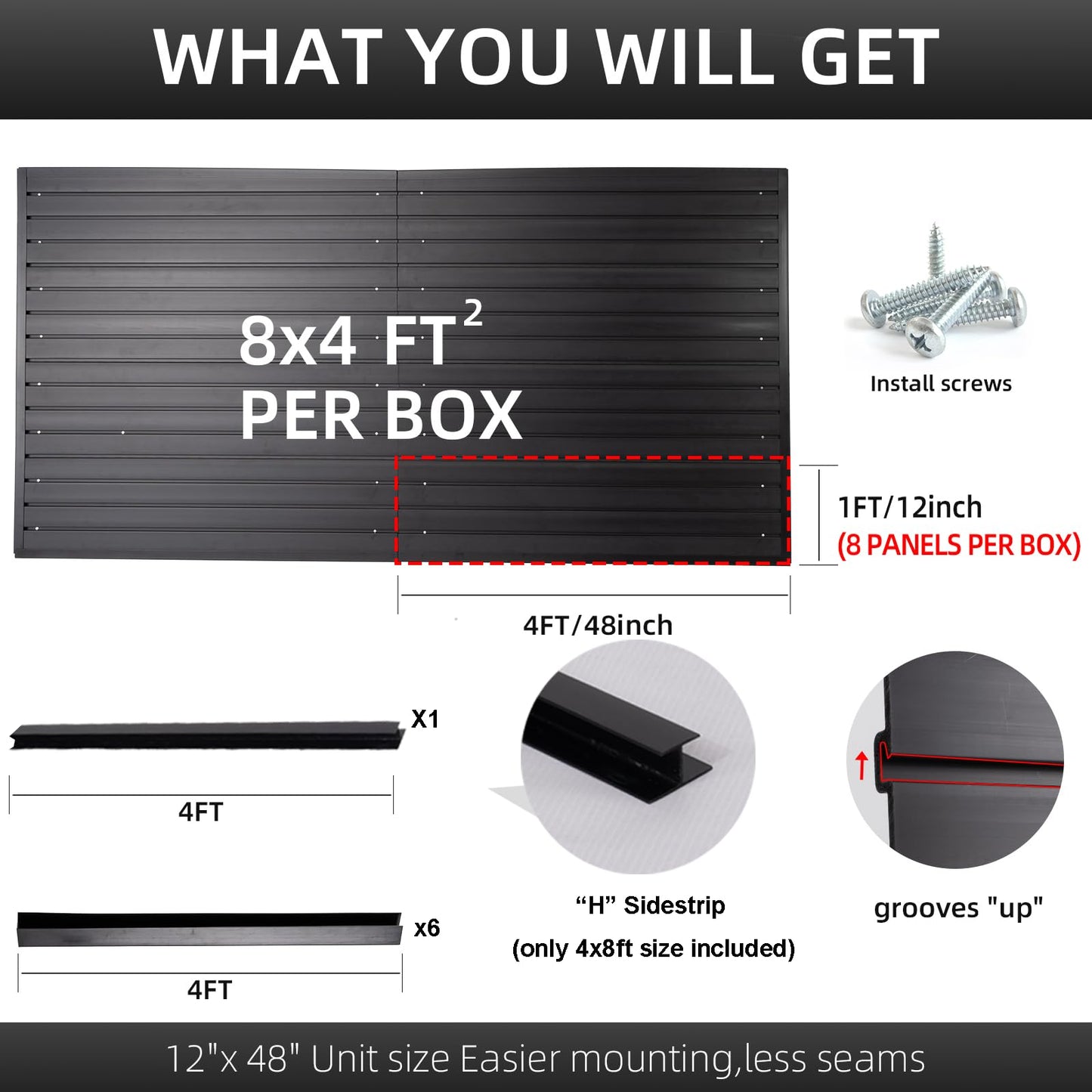 FRAYSCENT Slat Wall Paneling Garage Wall Organizer, Slatwall Panels Garage Tool Organizer Wall Mount Garage Slat Wall Storage Systems, Slat Board PVC Wall Panels Garage Storage (Black, 8ftx4ft)