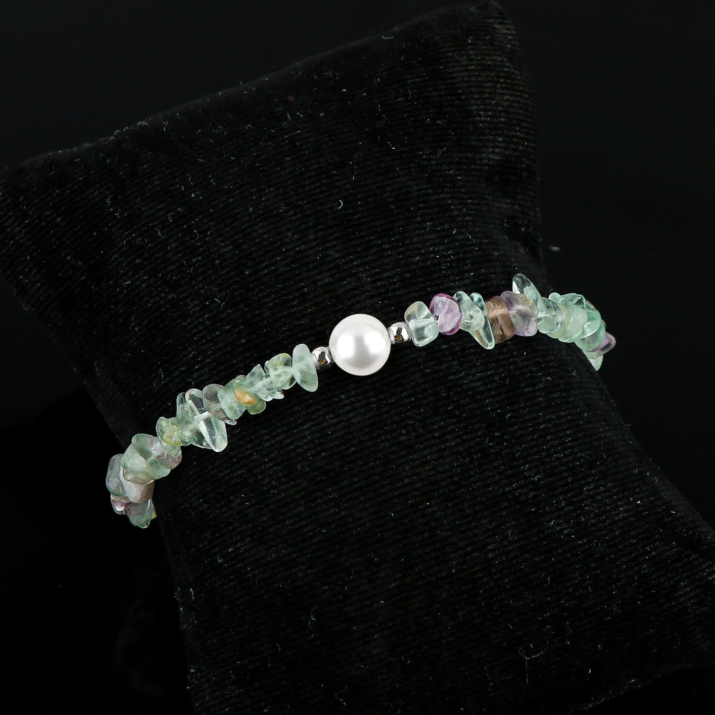 CRYSTALIS Natural Multi-Color Fluorite Beads Slider Bolo Bracelet with Elegant Pearl, Uncut Chips Nuggets Crystals, Chakra Healing Gemstone, Women Jewelry, 925 Sterling Silver Slider 10 inch