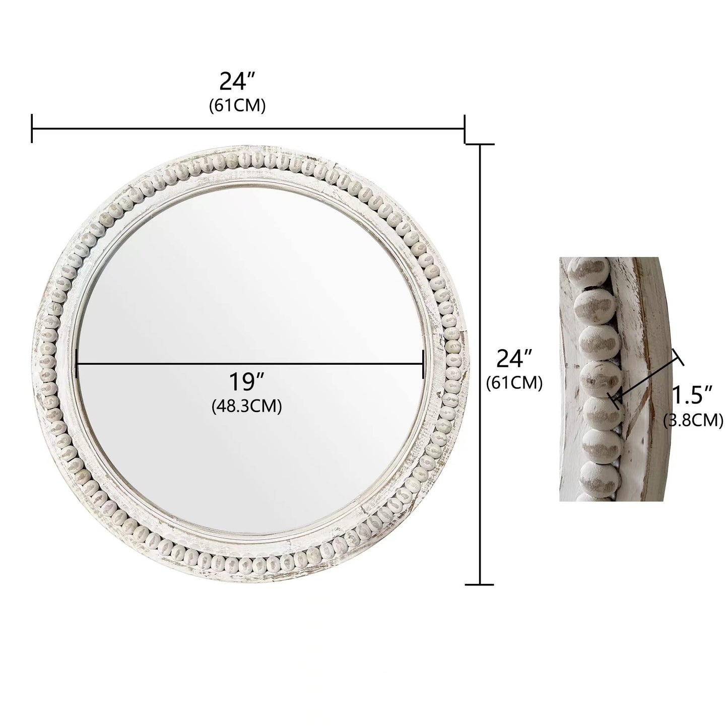 dwellington Rustic Round Wall 24 Inch Wood Circle Mirror with Beads, Decorative Farmhouse Mirror for Living Room, Bedroom, Kitchen, Entryway (White)
