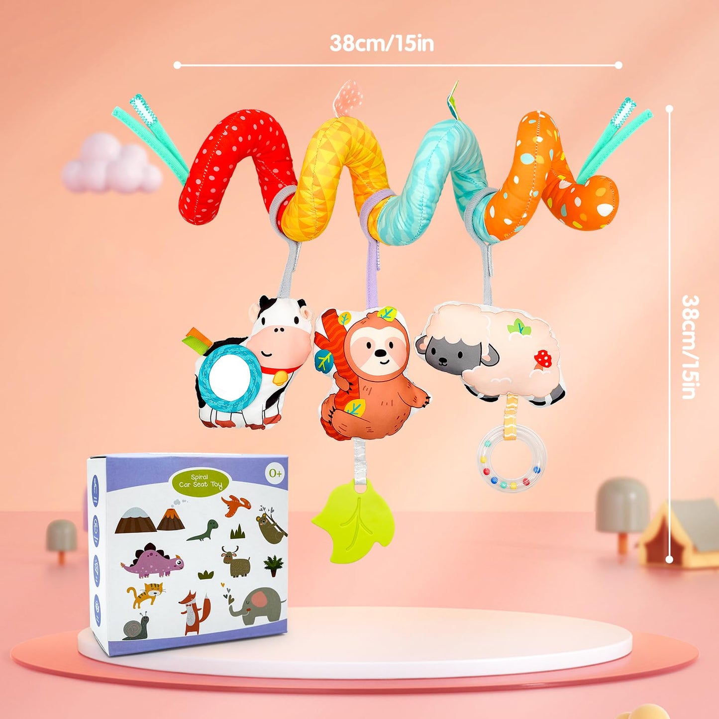 XIXILAND Car Seat Toys for Babies 0-6 Months Boy Girl Carseat Toys Hanging Spiral Stroller Toys, Infant Toys Baby Toys 0-6 Months Newborn Toys 0 3 Months Brain Development with Mirror Teether Rattle