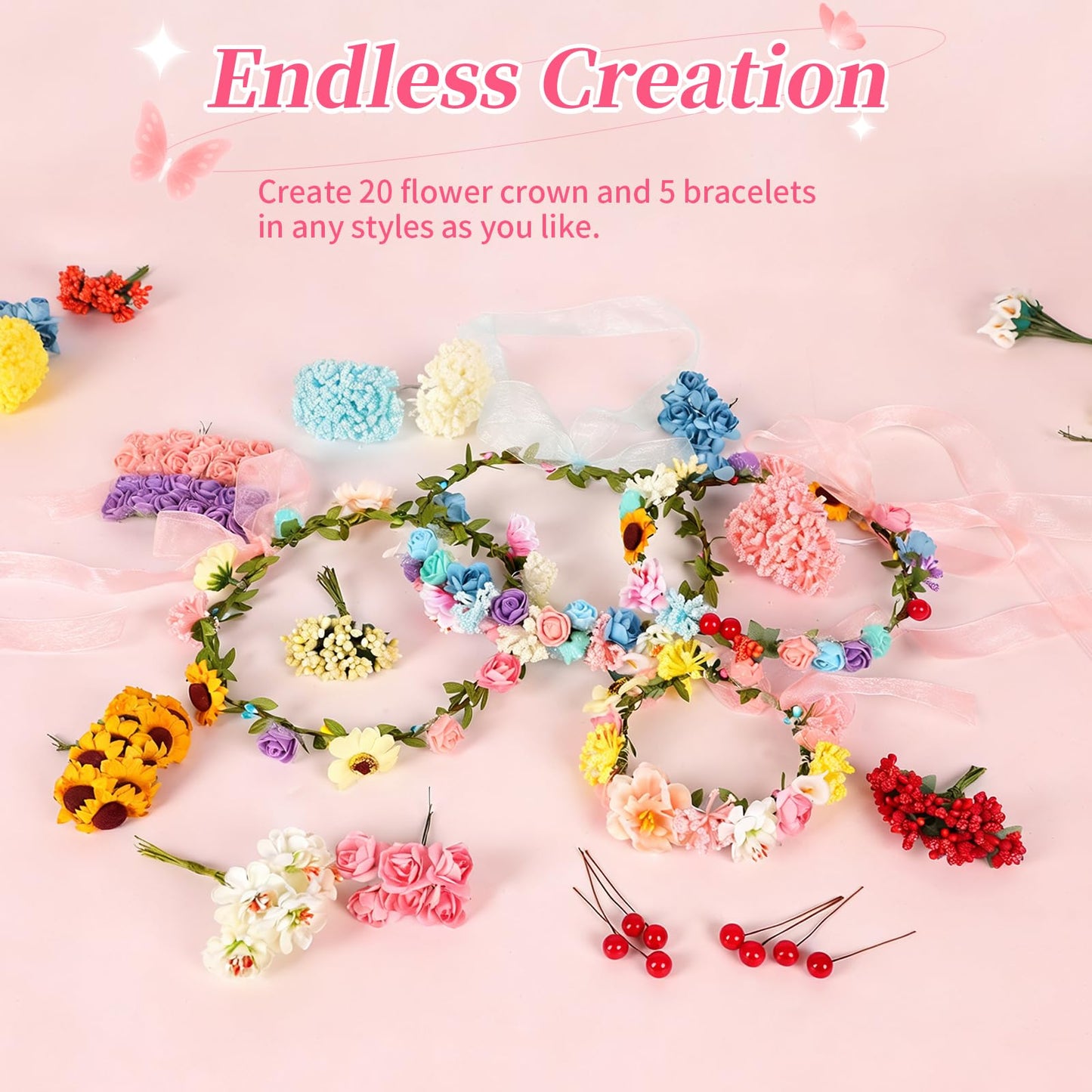 25 Sets DIY Flower Crowns Making Kit, 263 Pcs 10 Different Flowers, Make Your Own Flower Crown Headband Making Kit, Can Make 20 Flower Wreaths and 5 Bracelets for Women Birthday Party Gifts Decor