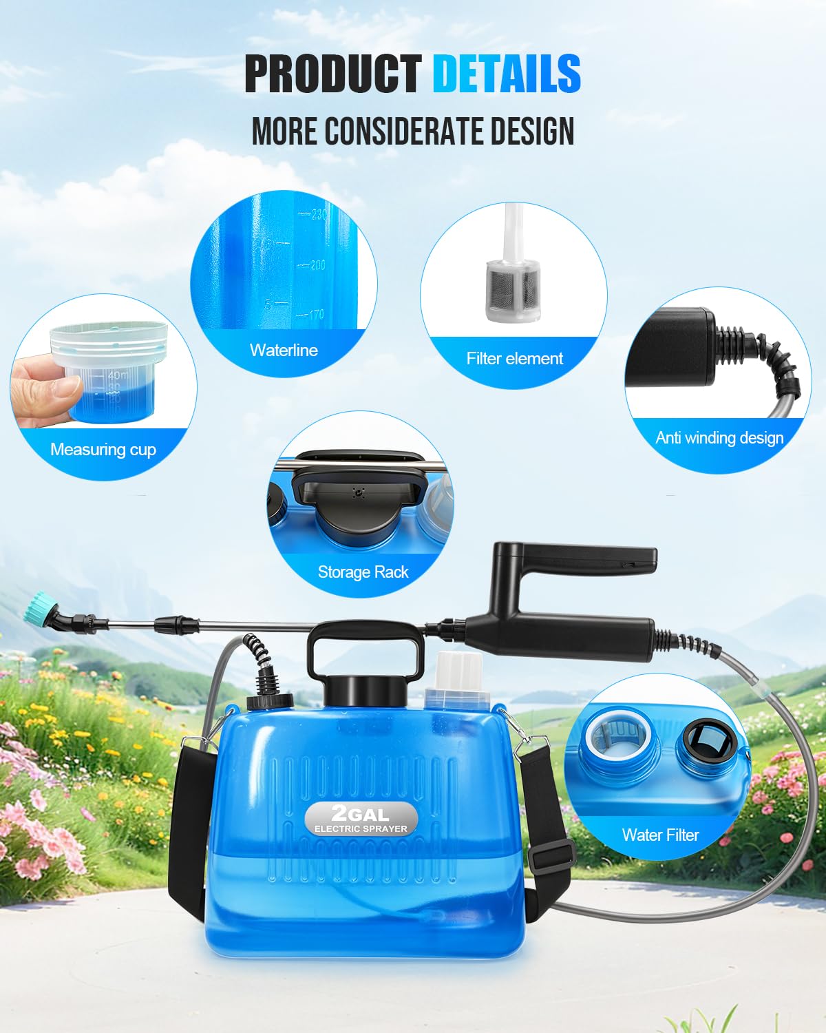 Sylsmart Battery Powered Sprayer 2 Gallon, Electric Weed Sprayer with 3 Adjustable Pressure Levels, 4 Nozzles & Extendable Wand, Rechargeable Garden Sprayer for Yard, Lawn, Plants & Fertilizer