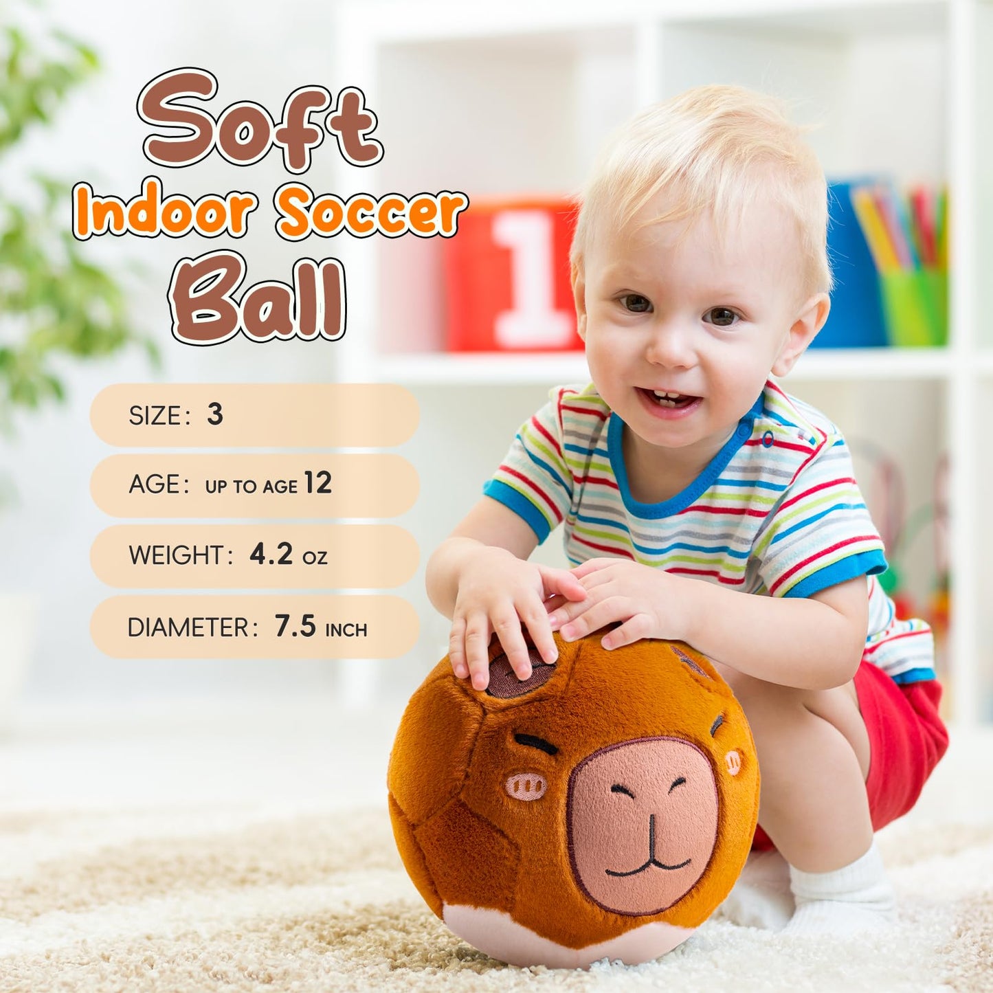 VangeBow Silent Indoor Soccer Balls for Toddlers 1-3, Inflatable Soft Plush Baby Toddler Soccer Ball Toys Gifts for 1 2 3 4 5 Year Old Boy Girl First Birthday Gift (Capybara, Pump Include)