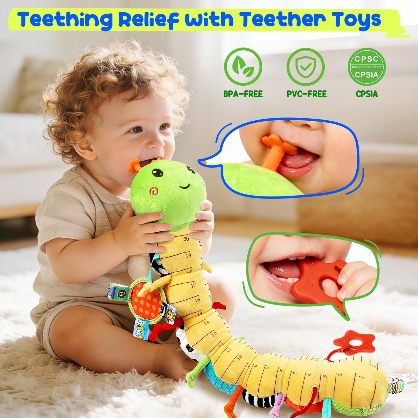 Baby Stuffed Caterpillar Toys for 0-6 6-12 Months, Musical Animal Sensory Toys for Infant 3 6 9 12 18 Months, Tummy Time Toys with Mirror Rattle Crinkle for Newborn Boys Girls Shower Gifts