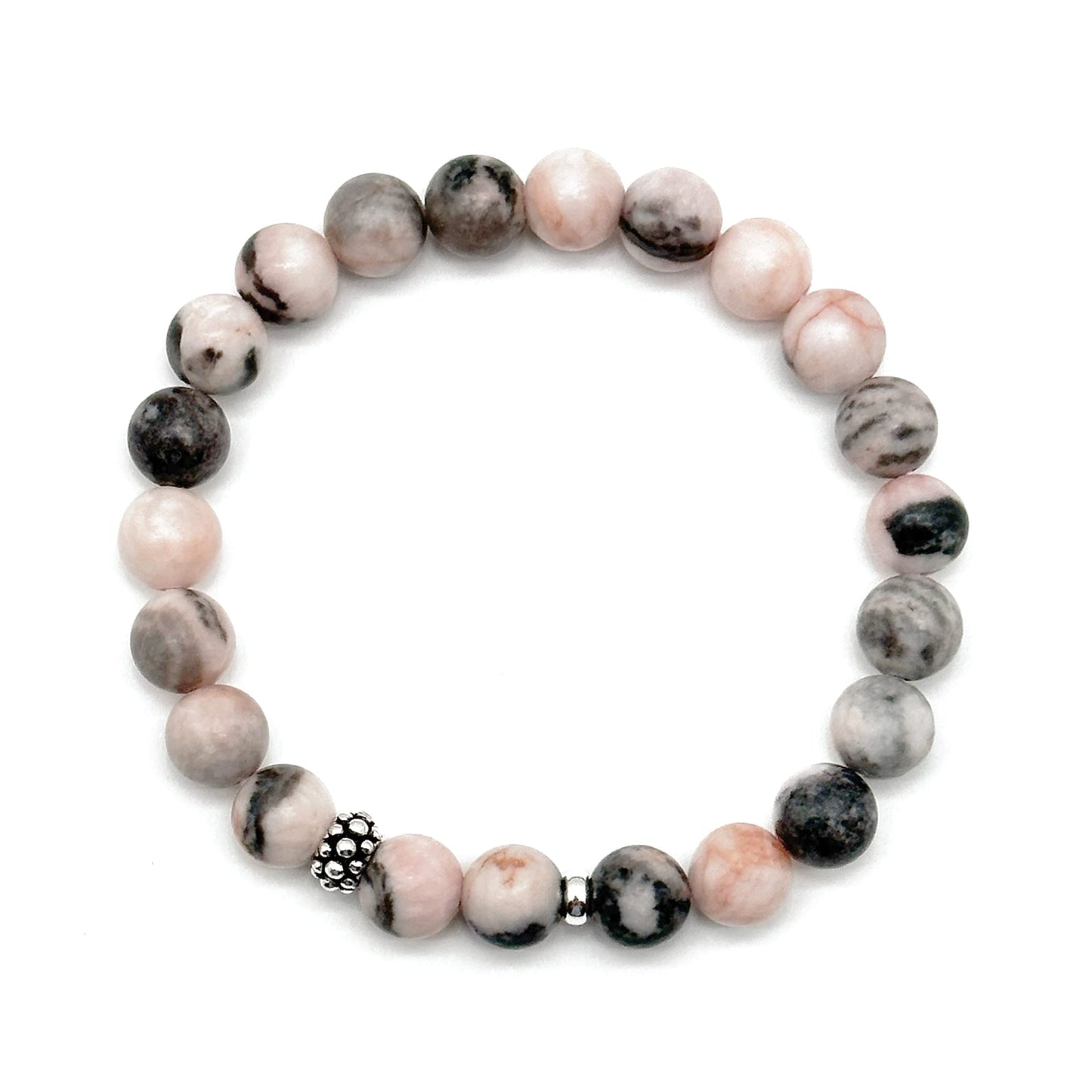 Joyfulmuze Zebra Jasper, Stretch Bracelets Natural Genuine Pink and Black Gemstones, Handmade Gift for Women and Men (Ocean-Pink-Black-Agate)