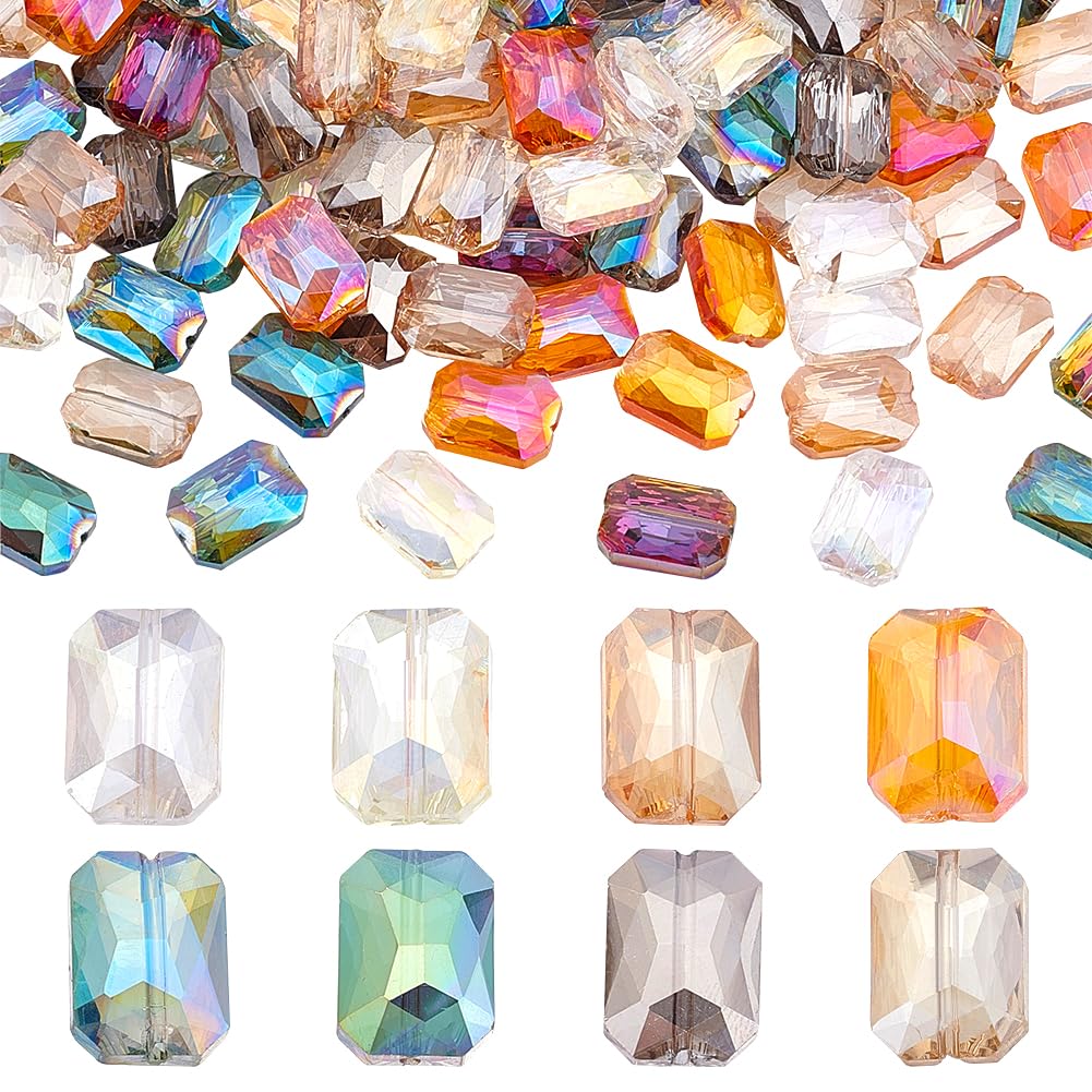 PH PandaHall 120pcs 8 Colors Faceted Glass Beads, 14x10mm Iridescence Flat Beads Rectangle Crystal Bead Large Loose Craft Spacer Bead for DIY Jewelry Bracelet Necklace Earring Keychain Making Crafts