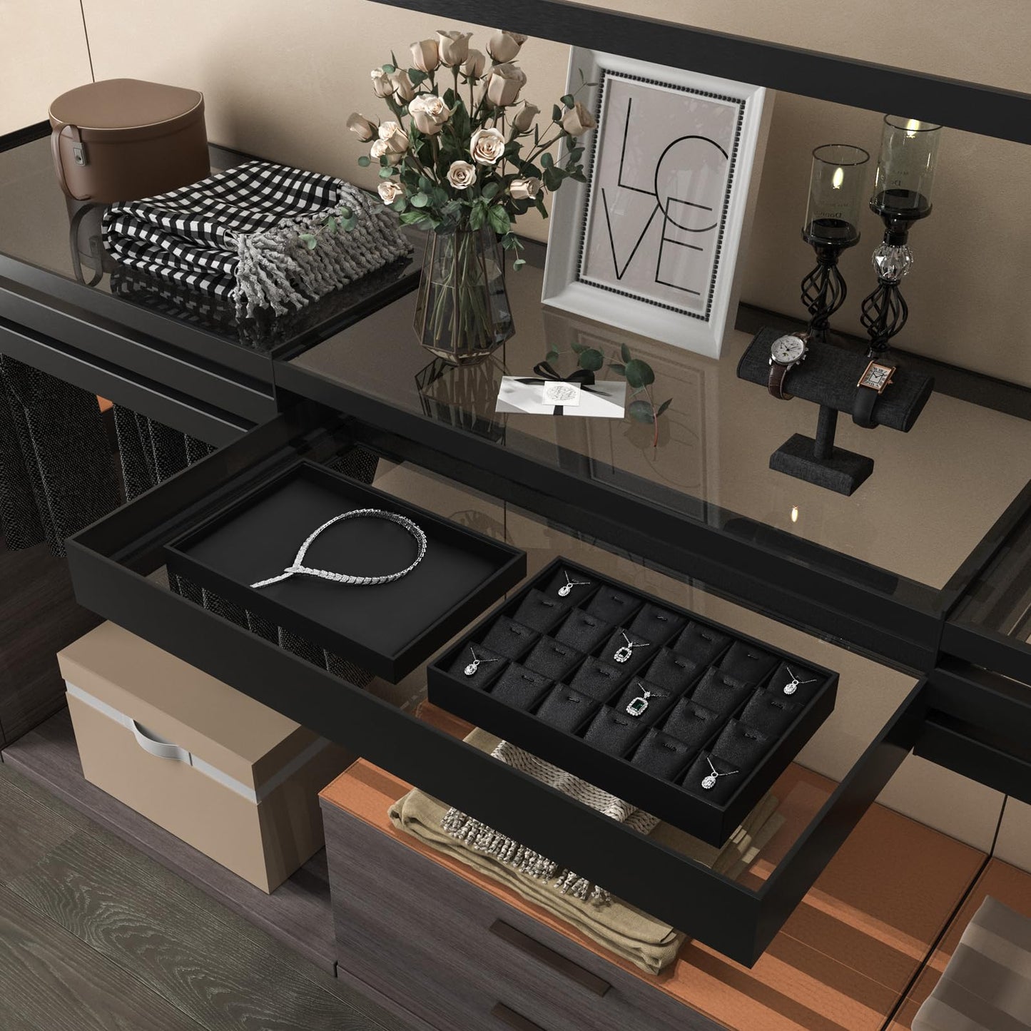 Woodten Black PU Leather Jewelry Display Tray 24 Grids Pendant Earrings Necklace Organizer Display Showcase Jewelry Storage Tray