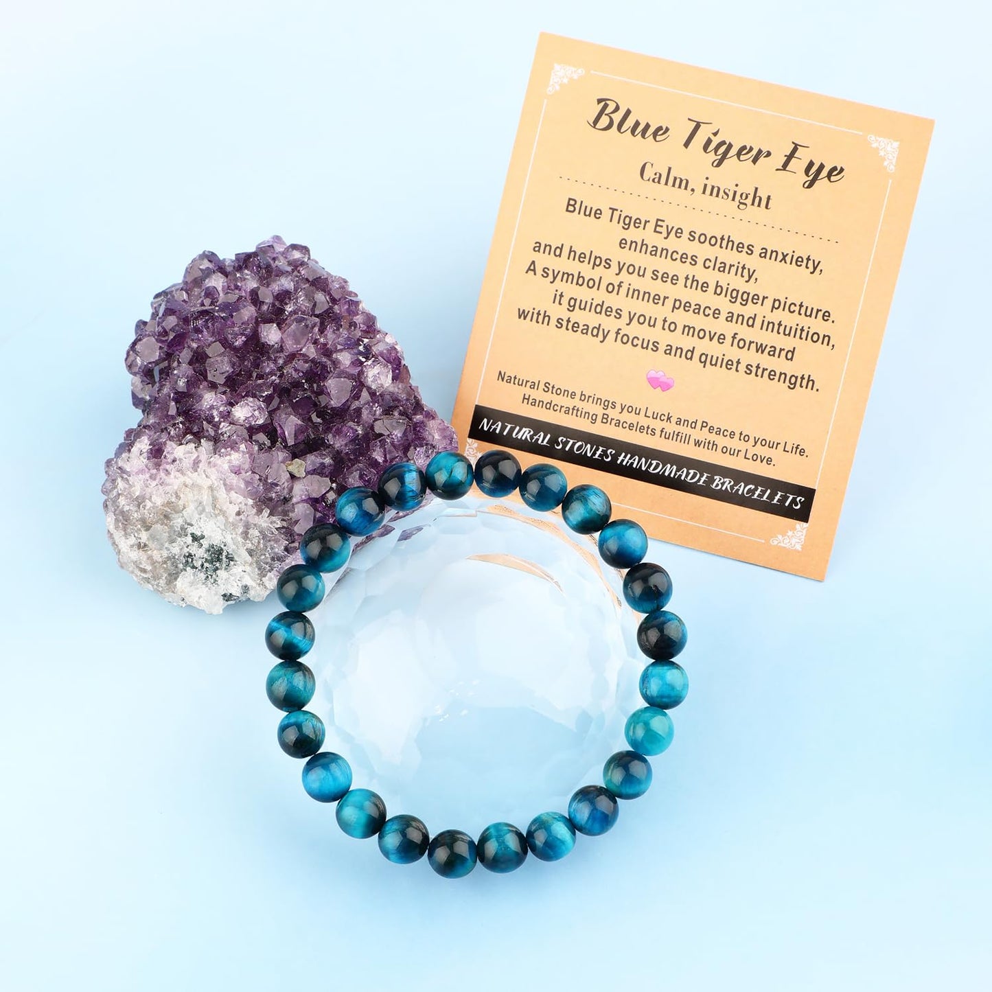 AD Beads 8mm Handmade Blue Tiger Eye Elastic Bracelet – Natural Gemstone for Calm and insight – Meditation, Yoga, Healing and Energy Gift for Men Women