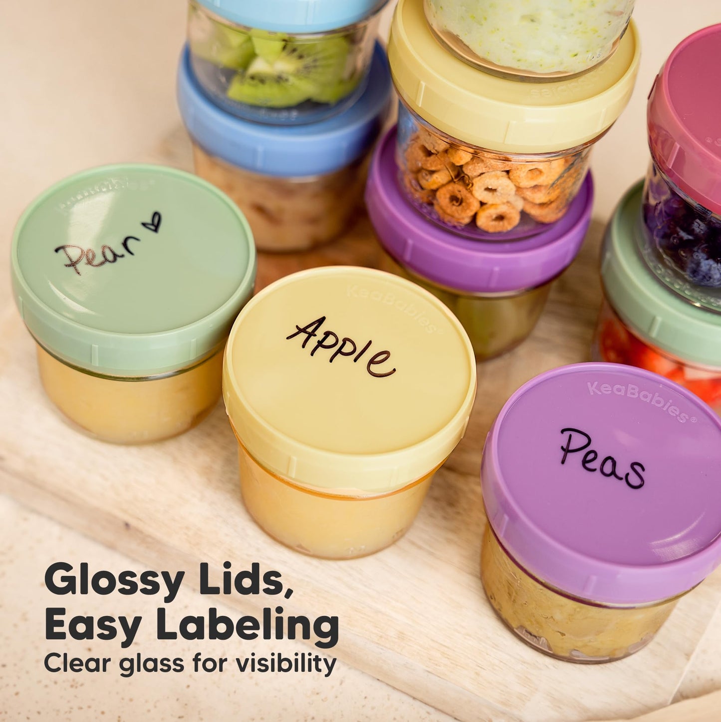 KeaBabies 12pk 4oz Glass Baby Food Containers with Lids - Leak-Proof, Microwavable Small Glass Jars, Baby Purees & Toddler Snack Storage Containers, BPA-Free, Dishwasher & Freezer Safe (Nord)