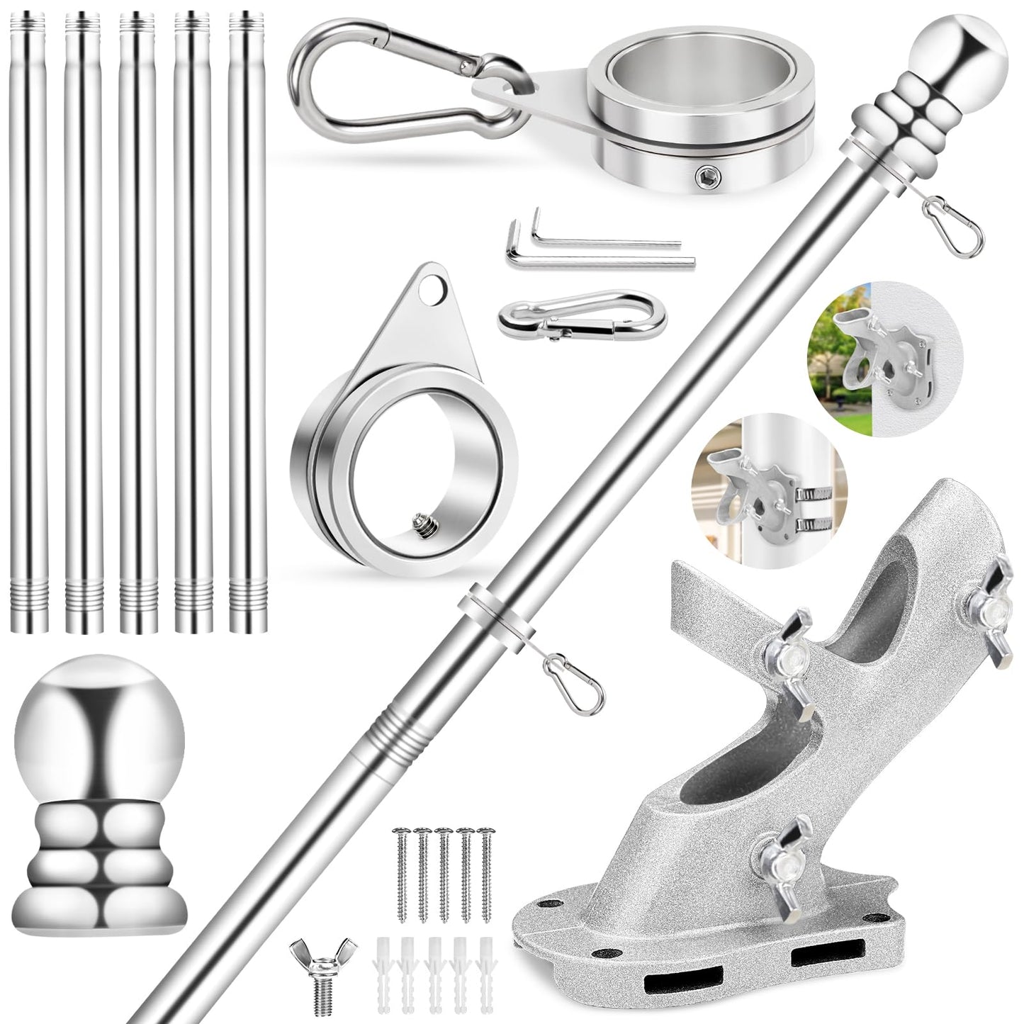 REERON Flag Pole for House, 6 FT Stainless Steel Spinning Flag Pole Kit, 1" Rustproof Porch Flagpole with 360° Tangle Free Metal Flagpole Rings & 2-Position Bracket for Outdoor Sport for 3x5 Flags