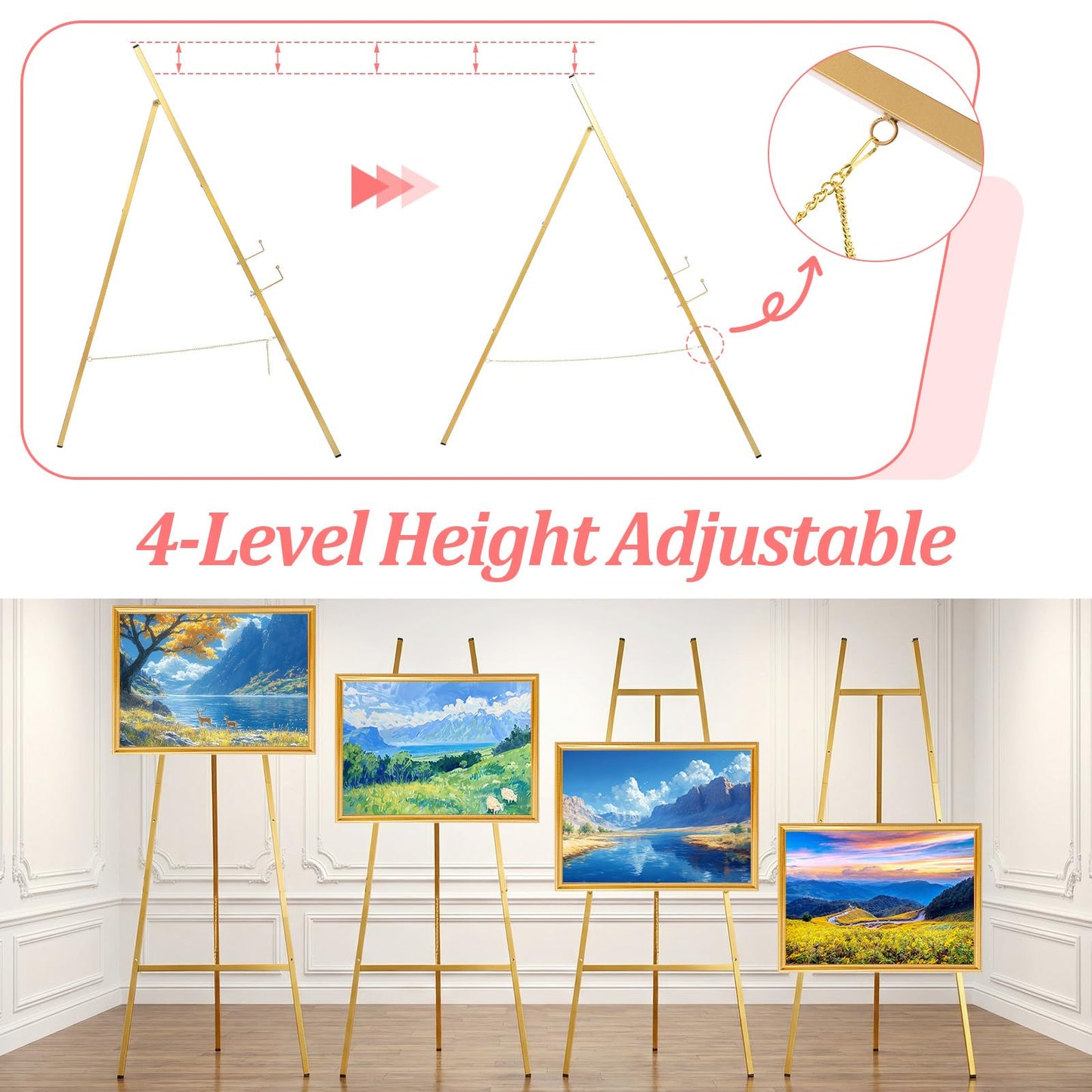 Meyeyaia 43'' Gold Easel Stand for Sign, Metal Heavy Duty Easel Display Stand, 4-Tier Adjustable Art Easels for Wedding Sign, Painting, Floor Décor, Posters, Pictures, Posters, Commercial Display