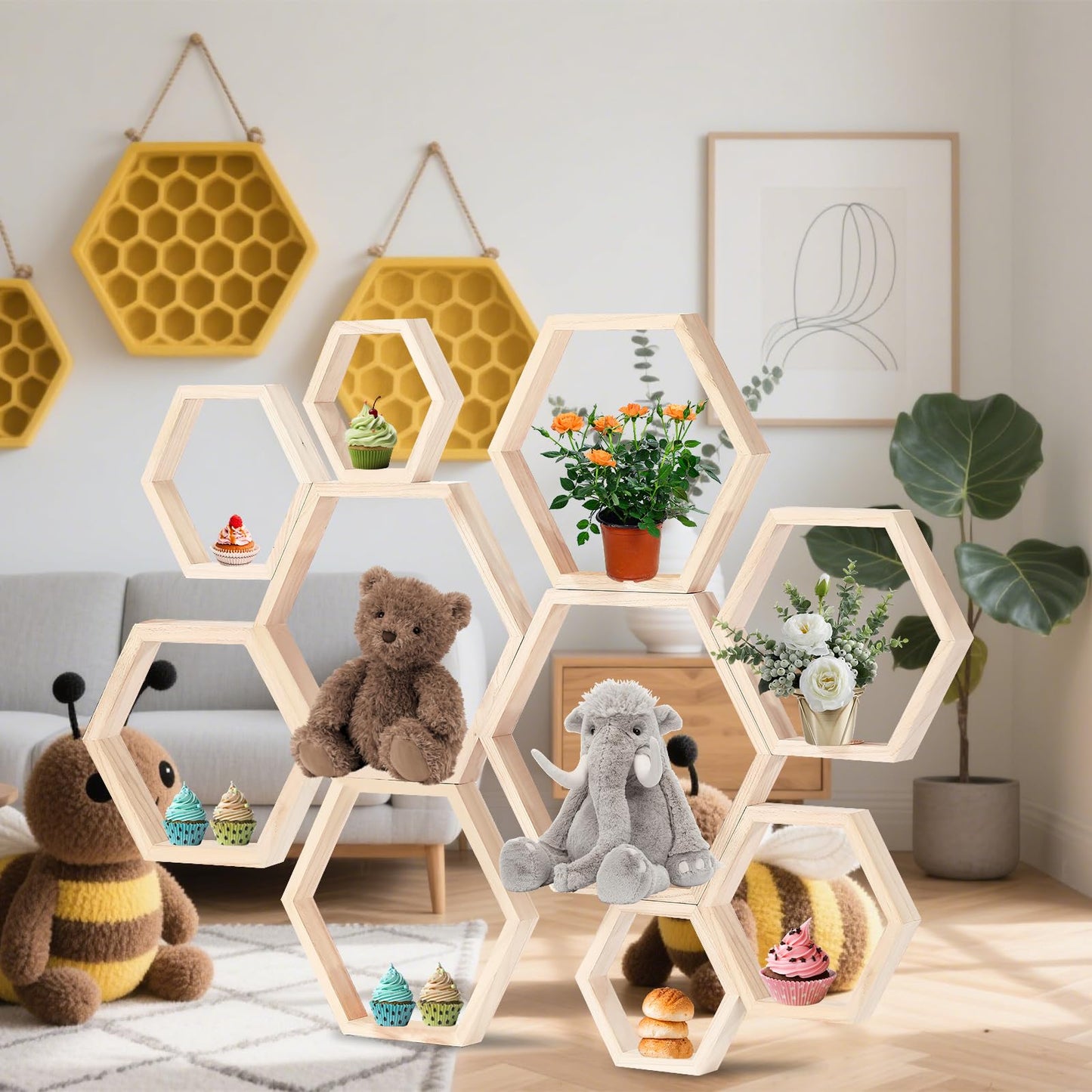 CIEOVO 10 Pcs Honey Comb Decorations, 5 Sizes Farmhouse Wood Hexagon Shelves Honeycomb Centerpiece Cupcake Stand Bee Hive Display Holder for DIY Birthday Wedding Baby Shower Honeybee Party Decor