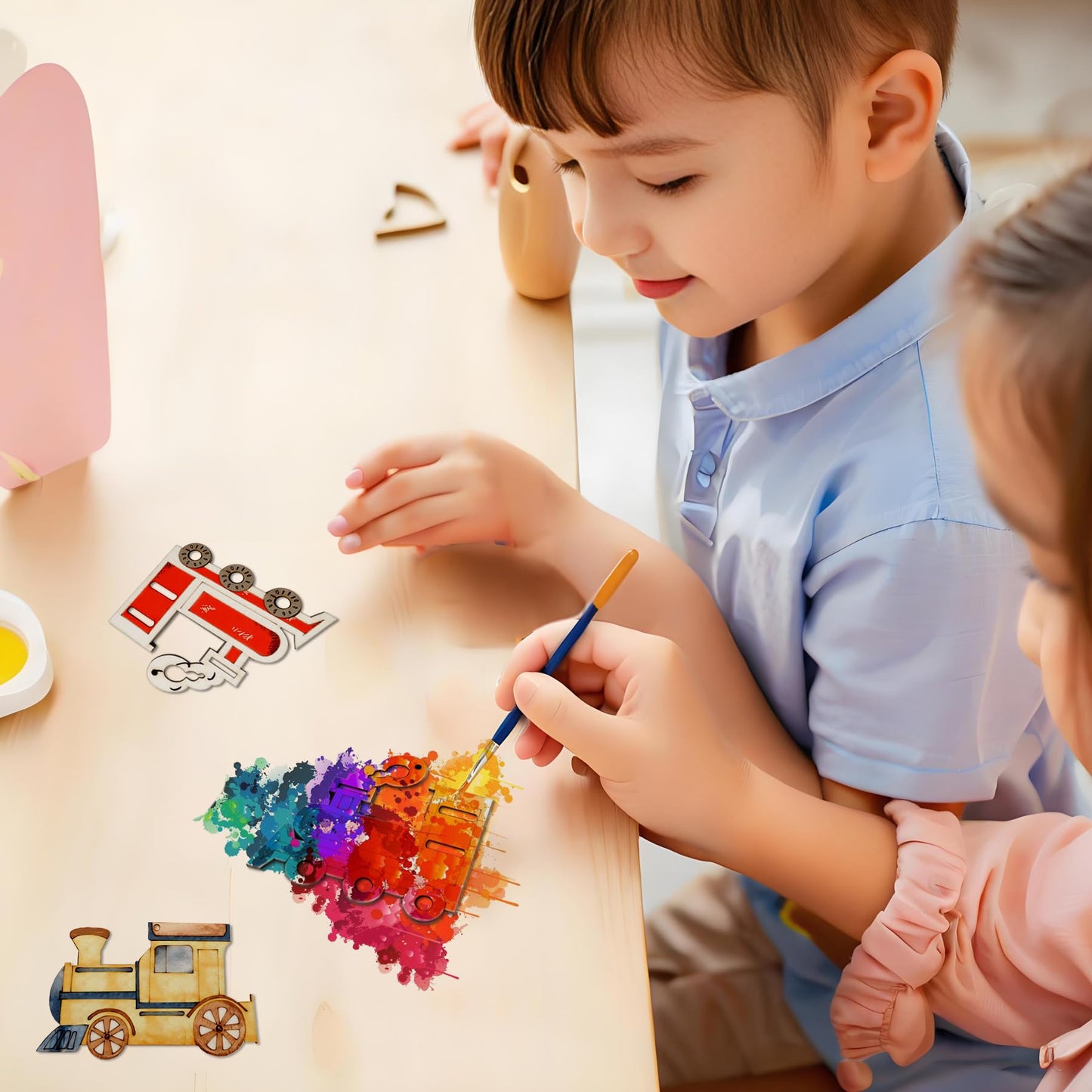 40-Pack 4 Inch Unfinished Wood Train Cutout for Crafts, Paintable Train Shape Wooden Slices Predrilled DIY Train Ornaments for Birthday Decoration Holiday Party Hanging Decor