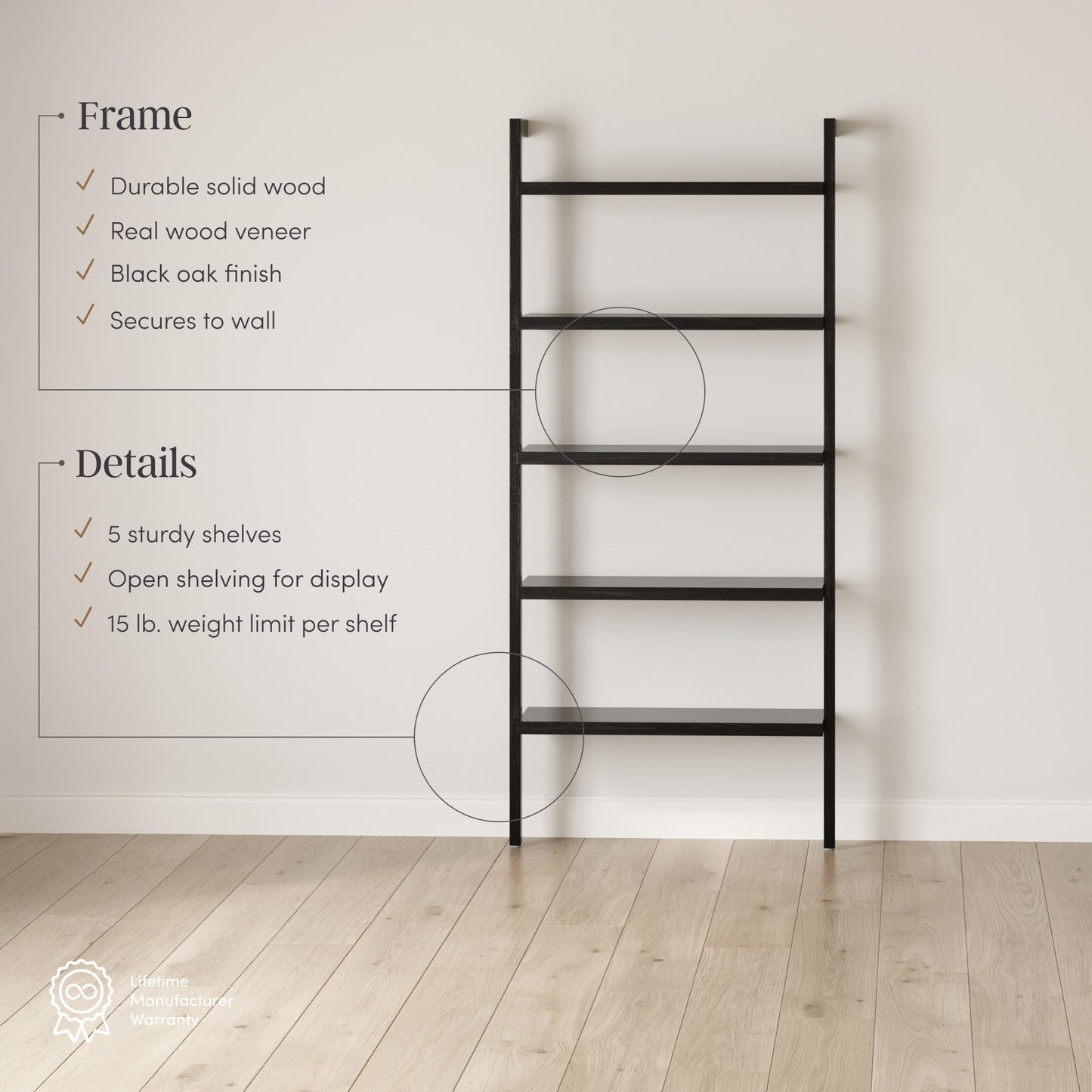 Nathan James Beacon Bohemian 5 Tier Bookshelf, Wall Mounted Bookcase, Solid Wood Bookshelf in Black Oak