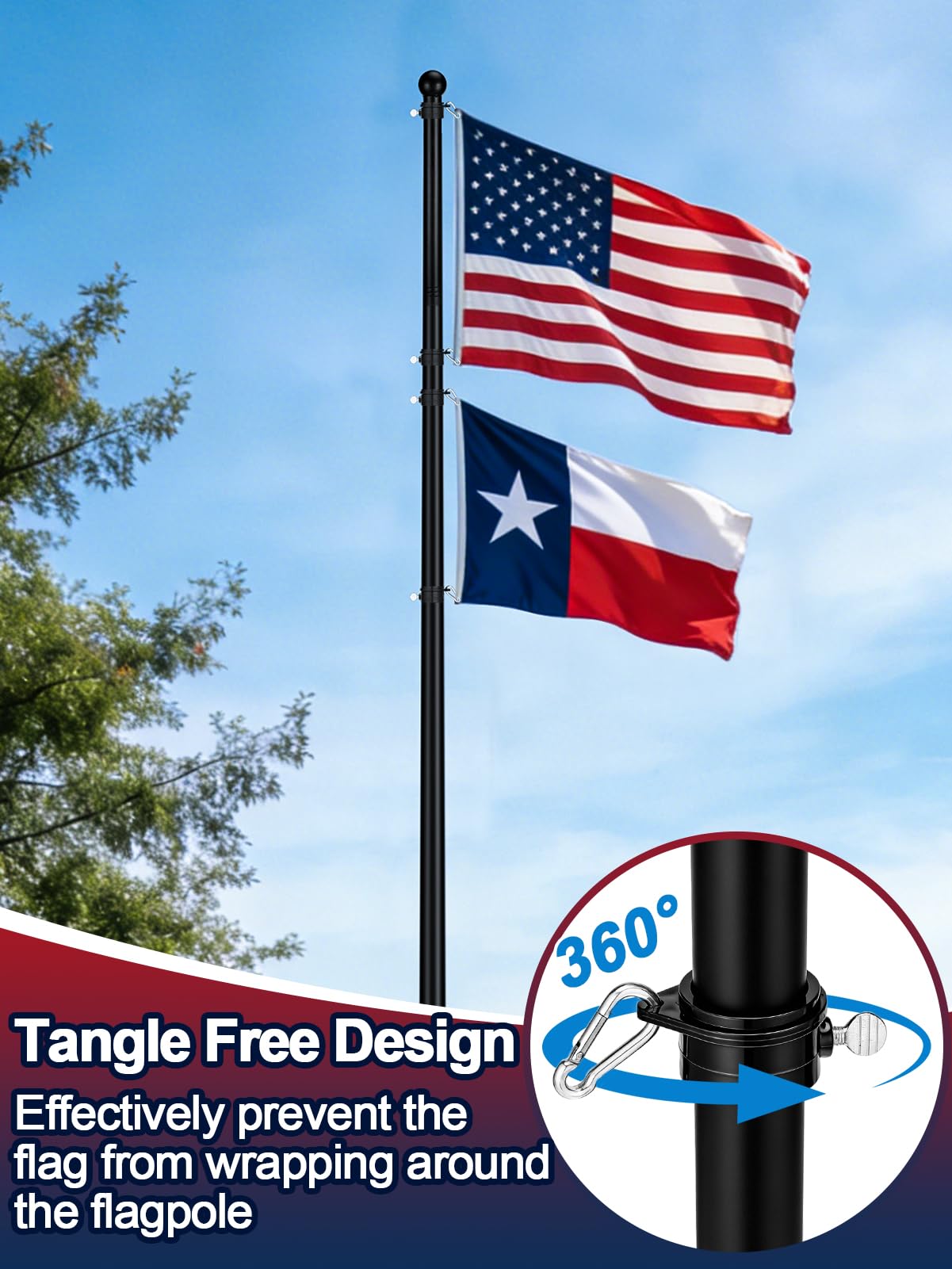 12.5ft In Ground Flag Pole for Outside House - Fit for 2 Flags Extra Thick Flag Pole Kit with 5 Prongs Base, Windproof Ground Flagpoles for Residential Small Medium Lawn Temporary Event