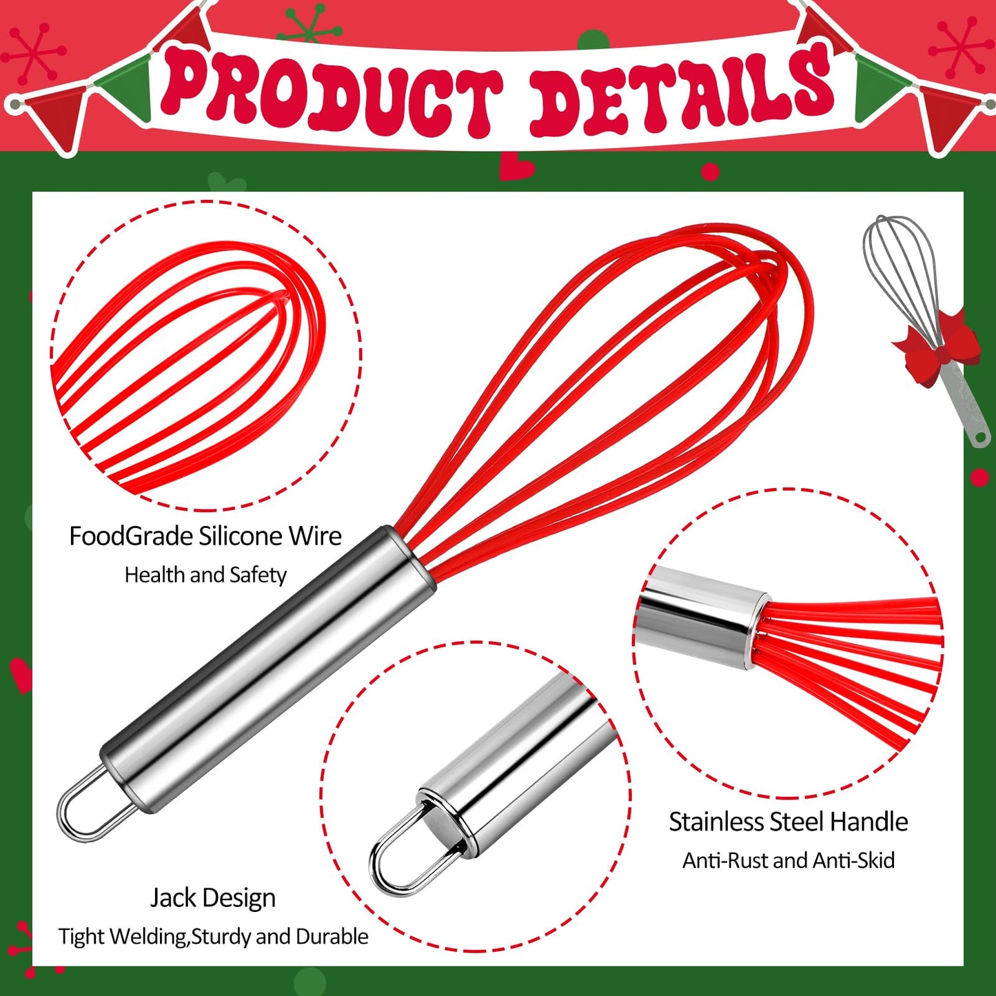 Nuogo 6 Sets Christmas Neighbor Gifts Christmas Whisk Baking Cooking Supplies Includes 8 Inch Stainless Steel Whisk, Greeting Cards, Ribbons, Plastic Bags for Kitchen Supplies Xmas Stocking Stuffers