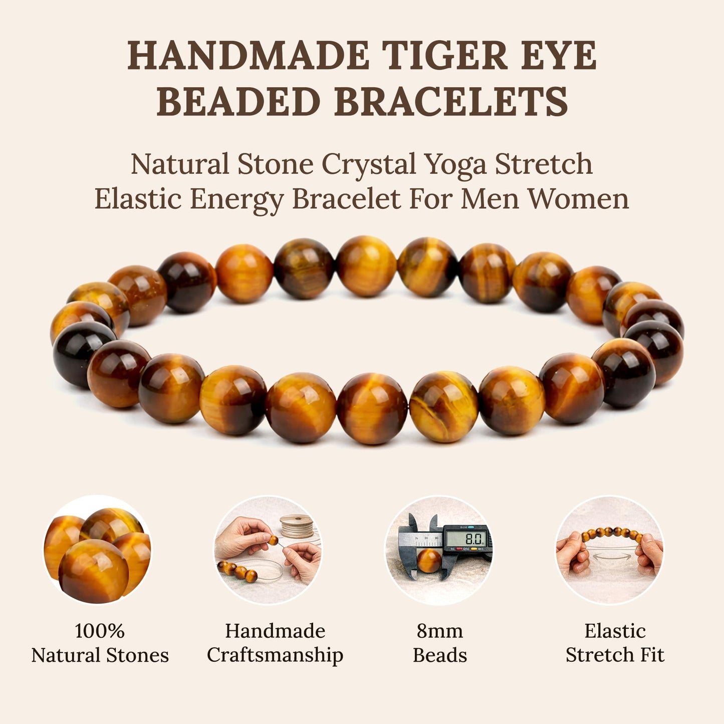 Elm City Direct 8mm Natural Stone Beaded Bracelet – Unisex Crystal Stretch Bracelets for Men & Women, Chakra & Healing Jewelry, Gift-Ready Beaded Bracelets (Tigers Eye, 8mm)