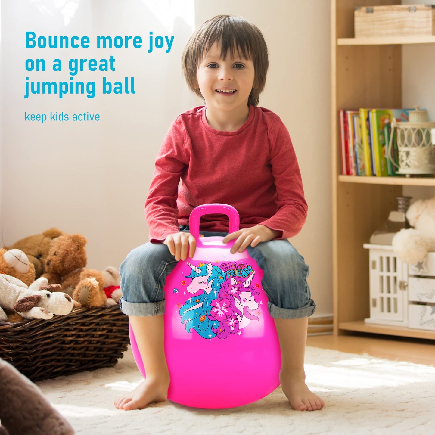 U&C Planet Hopper Ball,18 inches Bouncy Ball with Handle for Kids Age 3-6, Sit on Bounce Jumping Hopping Toy with Pump, Great Toddler Girls Toys for Birthday Gifts, Pink Unicorn
