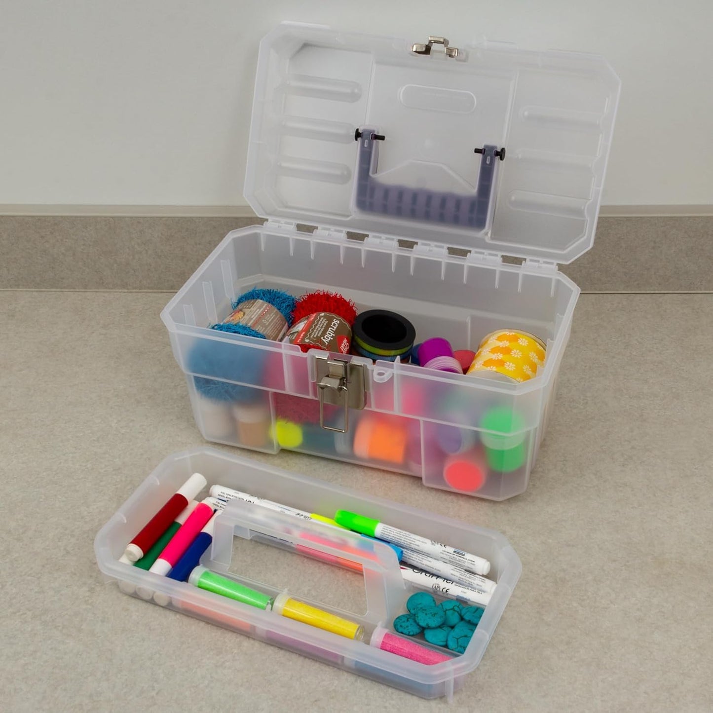 Akro-Mils 14-Inch Plastic Toolbox with Removable Tray, Steel Latch & Padlock Eye, Industrial-Grade Storage Box for Hobby Supplies, Crafts, and Tools, 14" x 8" x 8", Made in USA, Clear (09514)