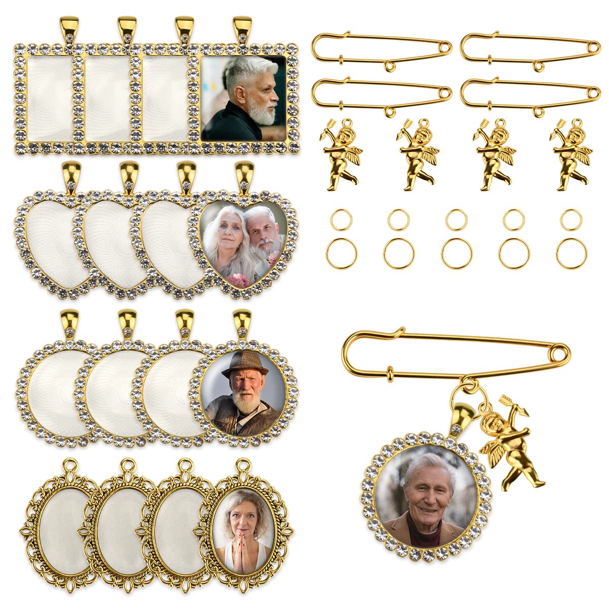 50PCS Wedding Bouquet DIY Photo Charm Rhinestone Pin Brooch Making Kit Memorial Picture Charm with Clear Glass Cabochons Cupid Pendant Jump Rings for Craft Jewelry Making