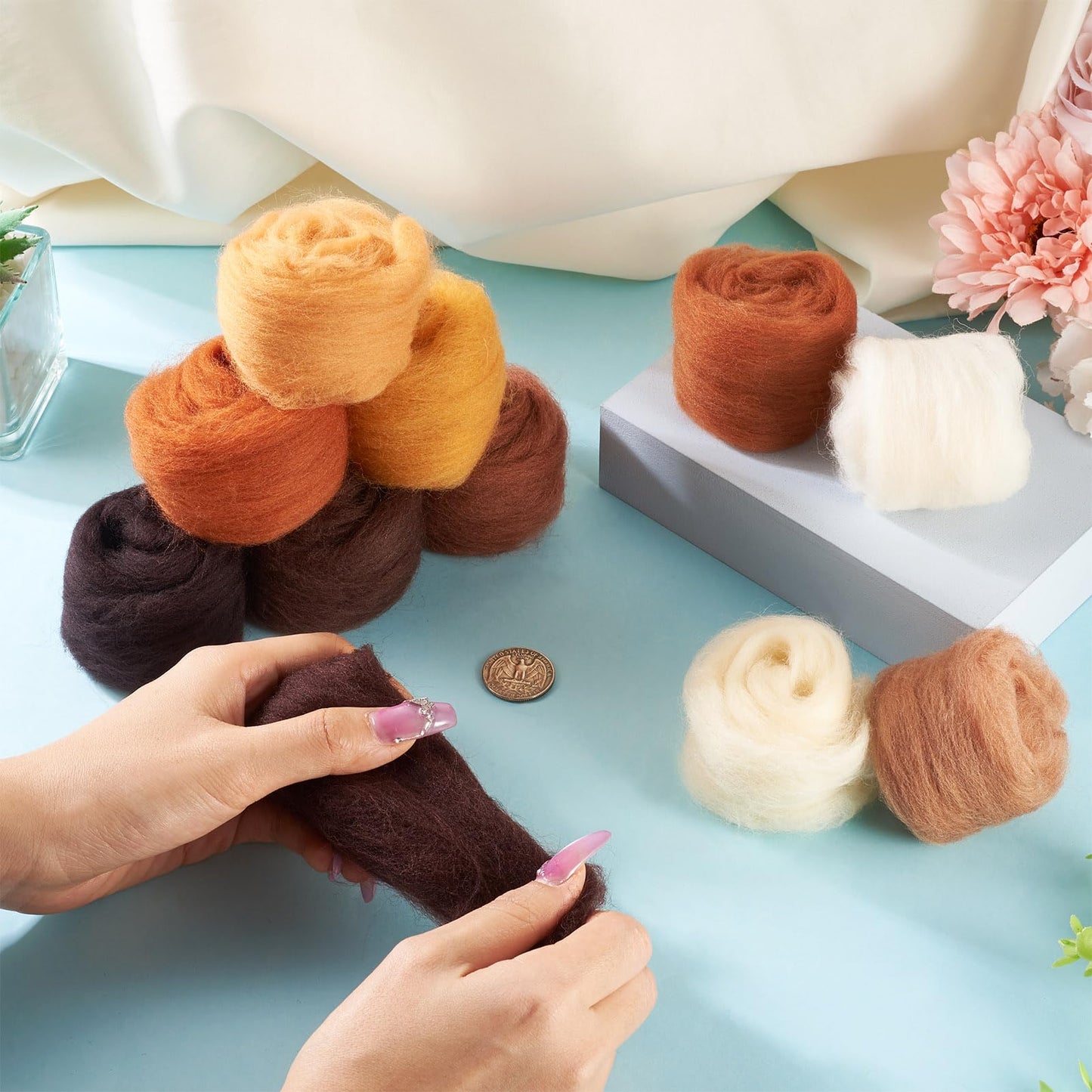FASHEWELRY 1.94 OZ Fibre Wool Yarn Roving Brown Theme Nature Needle Felting Wool Roving Handmade Spinning Felt Kit for Felted Animal Needle Felting Supplies