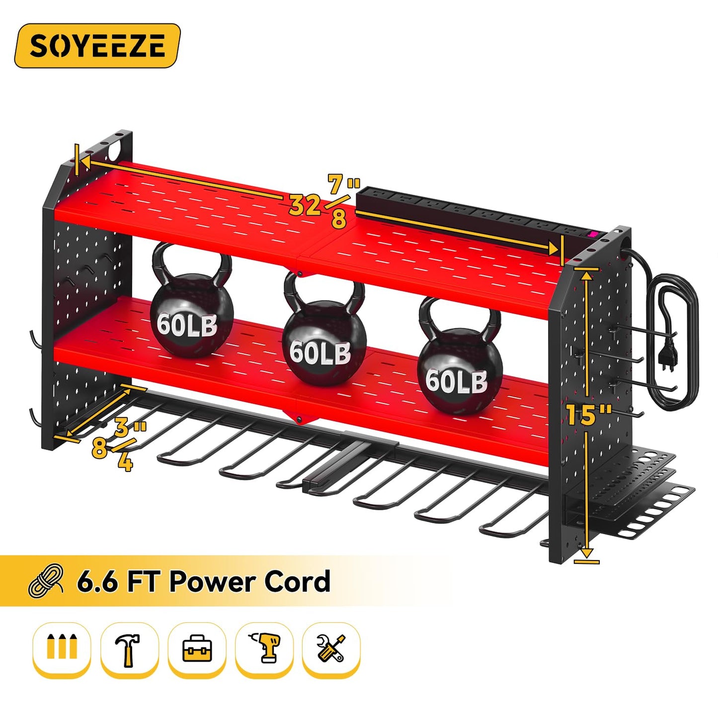 SOYEEZE Large Power Tool Organizer Wall Mount with Charging Station, 3 Layer Heavy Duty Metal Tool Storage Rack with 8 Drill Holder, Tool Holder Built in 8 Outlet Power Strip-Red
