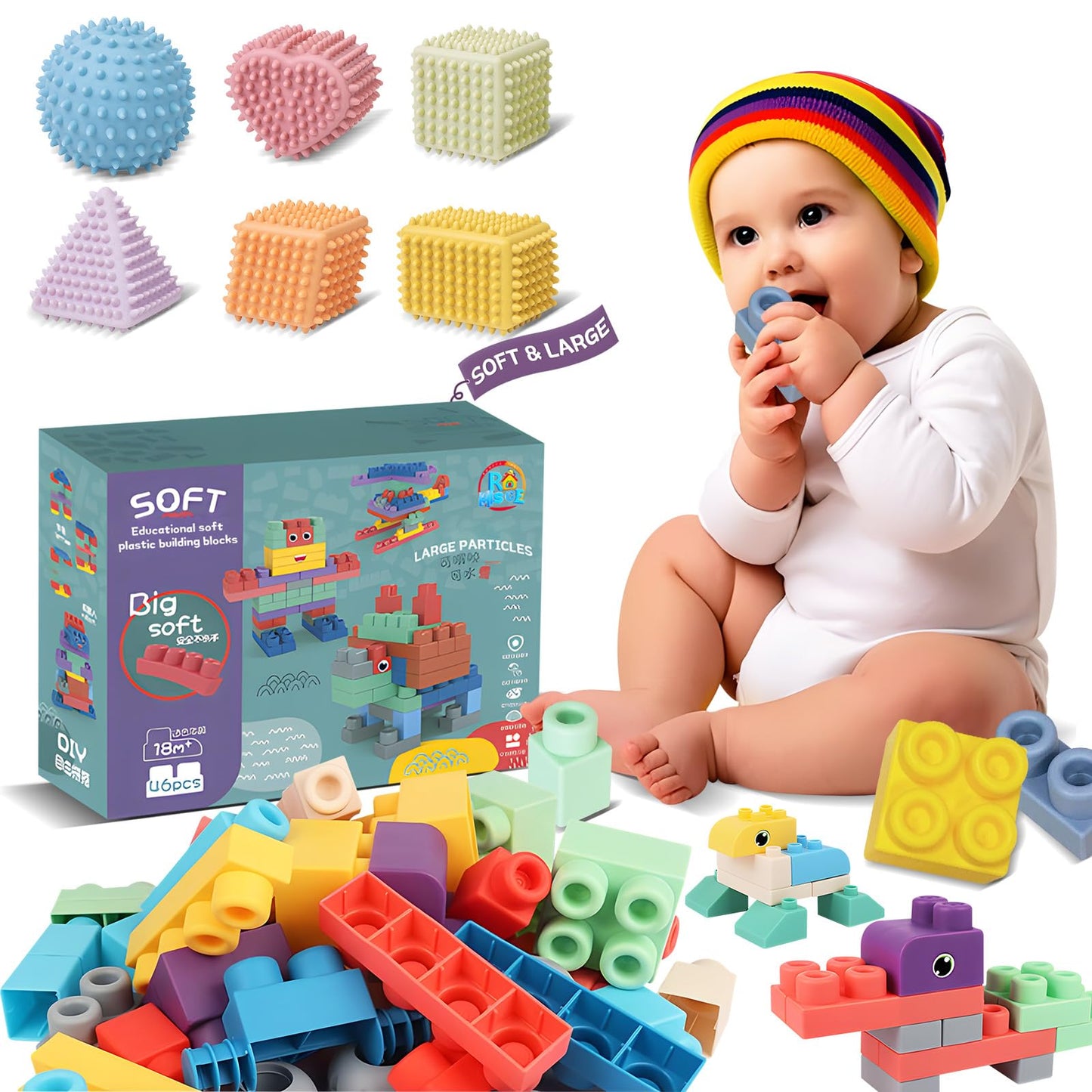ROHSCE Baby Soft Blocks Building Block Toys 46Pcs,STEM Educational Toddler Gifts,Soft Spiky Sensory Balls - No Hole Wheat Straw Soft Toys for Toddlers