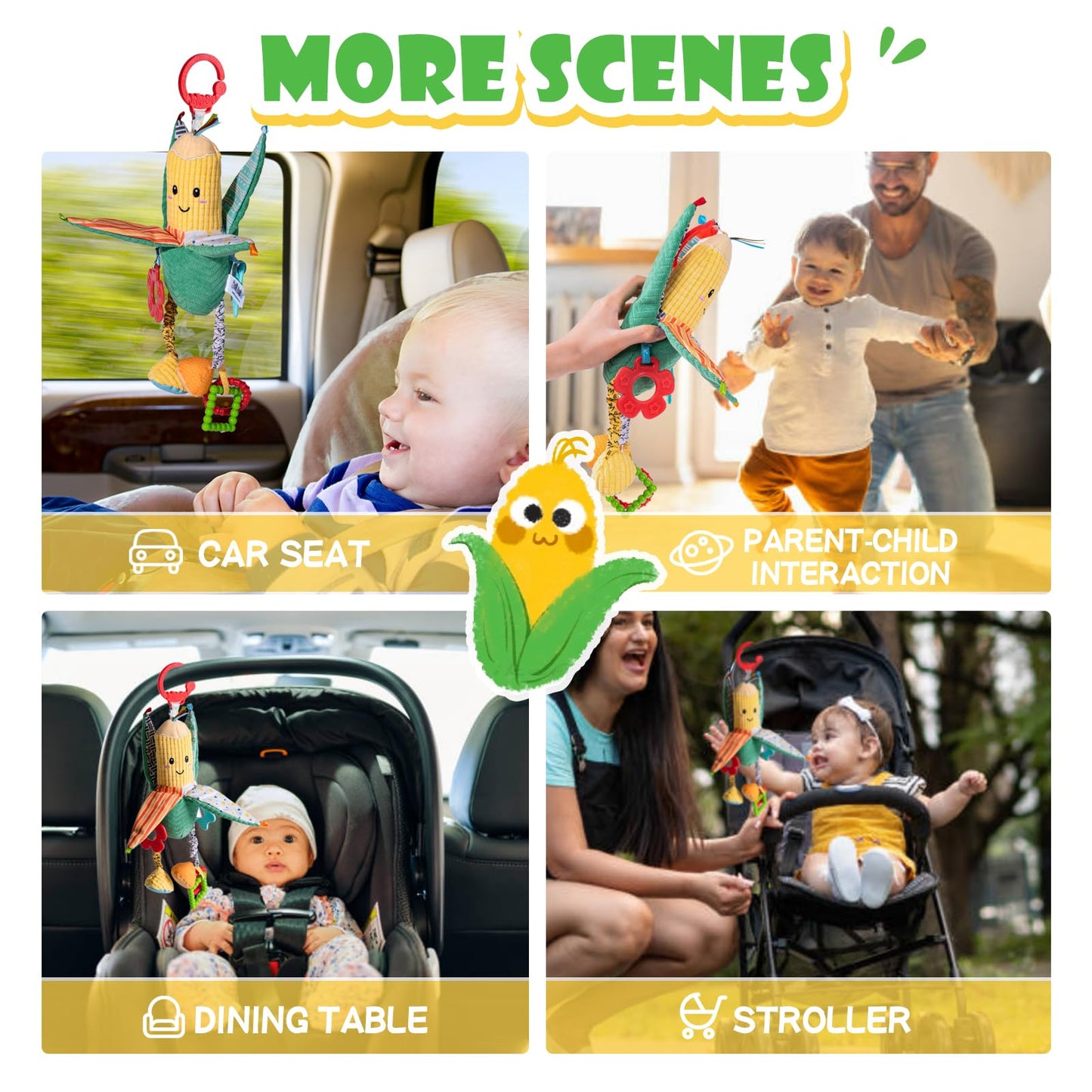 PHEZAPA Hanging Rattles Crib & Car Seat Toys for Babies 0-12 Months with Crinkle, Squeaky & Teether, Sensory Corn Soft Stuff Stroller Toys for Newborns, Boys Girls Gifts