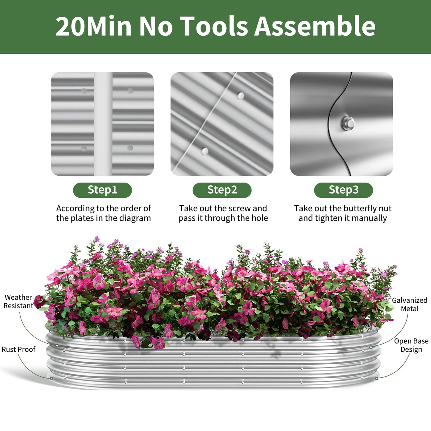 Homtura Metal Oval Raised Garden Beds(Silver), 6 × 3 × 1ft Galvanized Raised Garden Bed Kit Outdoor with Safety Edging, Large Raised Planter Boxes for Gardening, Vegetables and Flowers