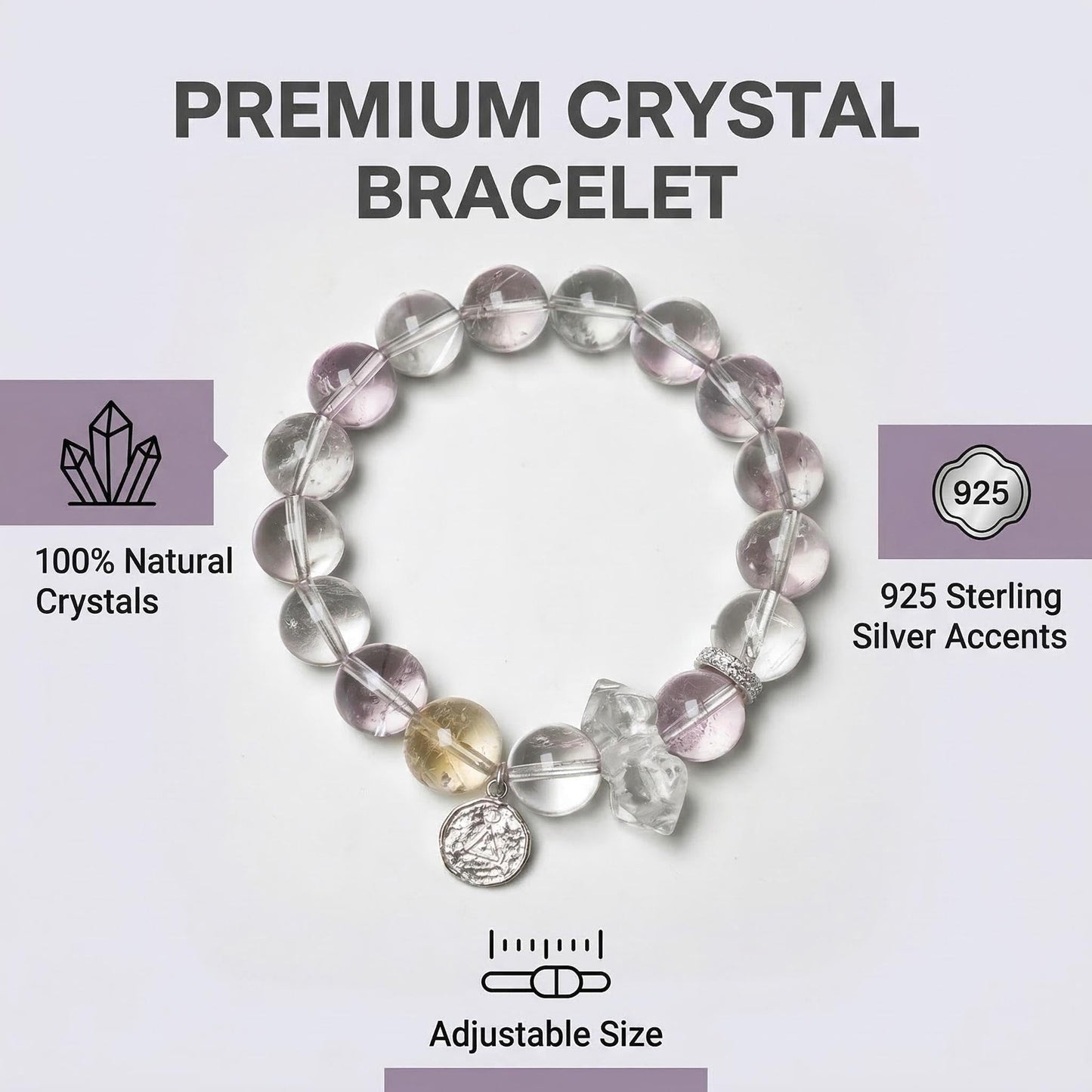 ANNIE WU Natural Crystal Bracelet for Women, Amethyst Citrine Clear Quartz Healing Beaded Bracelet, 925 Sterling Silver Adjustable Stretch Bracelet, 10mm Beads, 17-19cm, Spiritual Energy Jewelry Gift with Premium Box