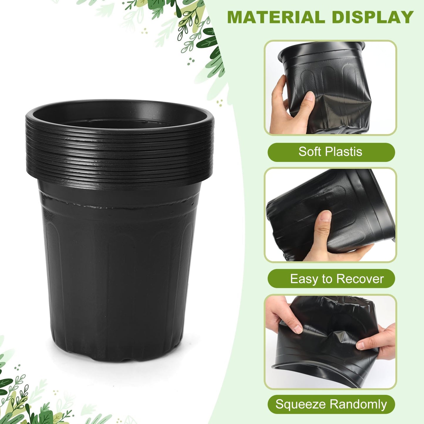 24Pack 2 Gallon Plant Nursery Pots, Thickened Soft Plastic Seedling Starter Pots, Plastic Plant Container with Drainage Hole for Indoor Outdoor Flower Seed,Succulents,Cuttings,Transplanting - Black