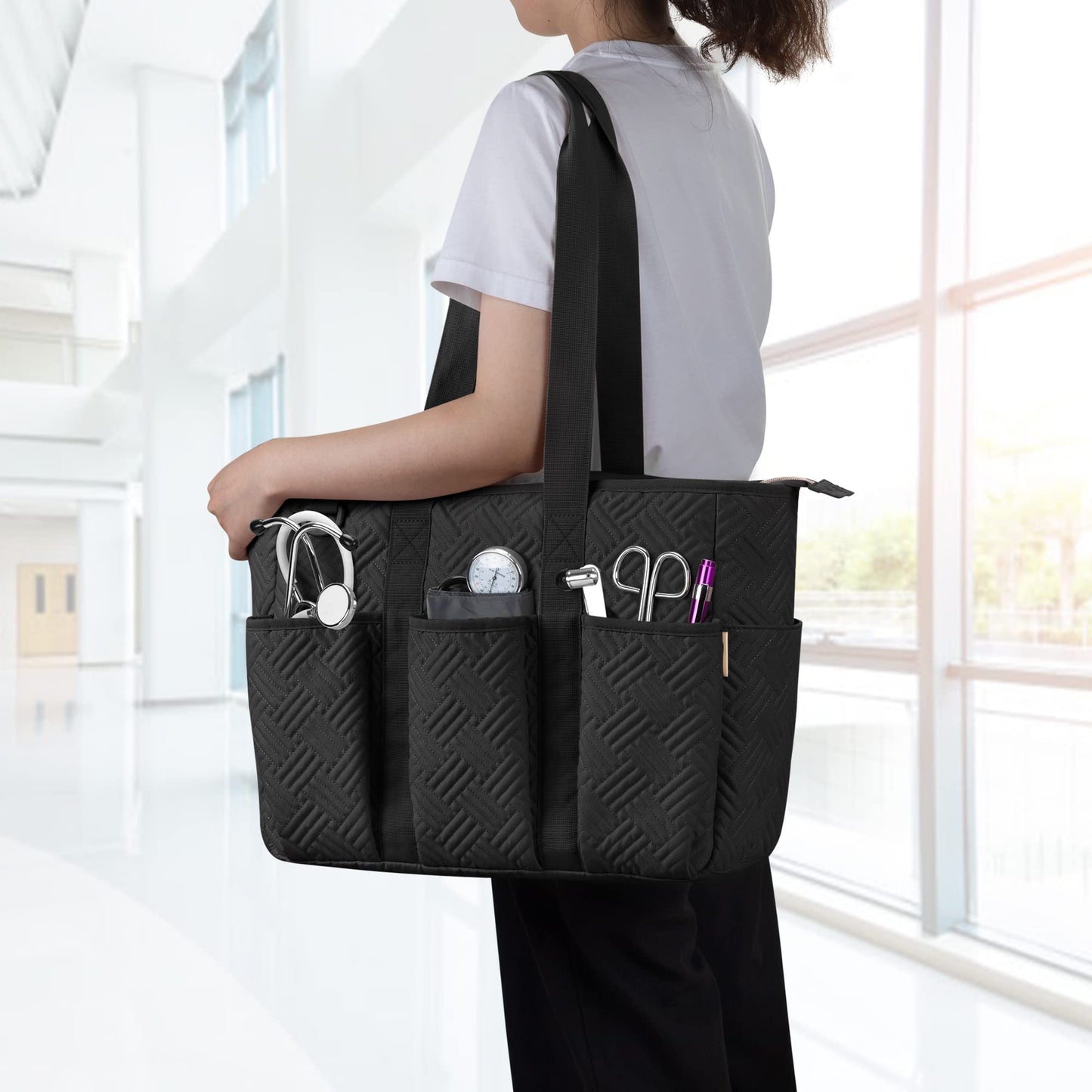 Fasrom 2PCS Nurse Tote Bag Bundle for Work, Structured Clinical Bag and Lightweight Puffer Nursing Tote, Multi-Pocket Nurse Bags for Nurses, Nursing Students, Home Health Care, Black